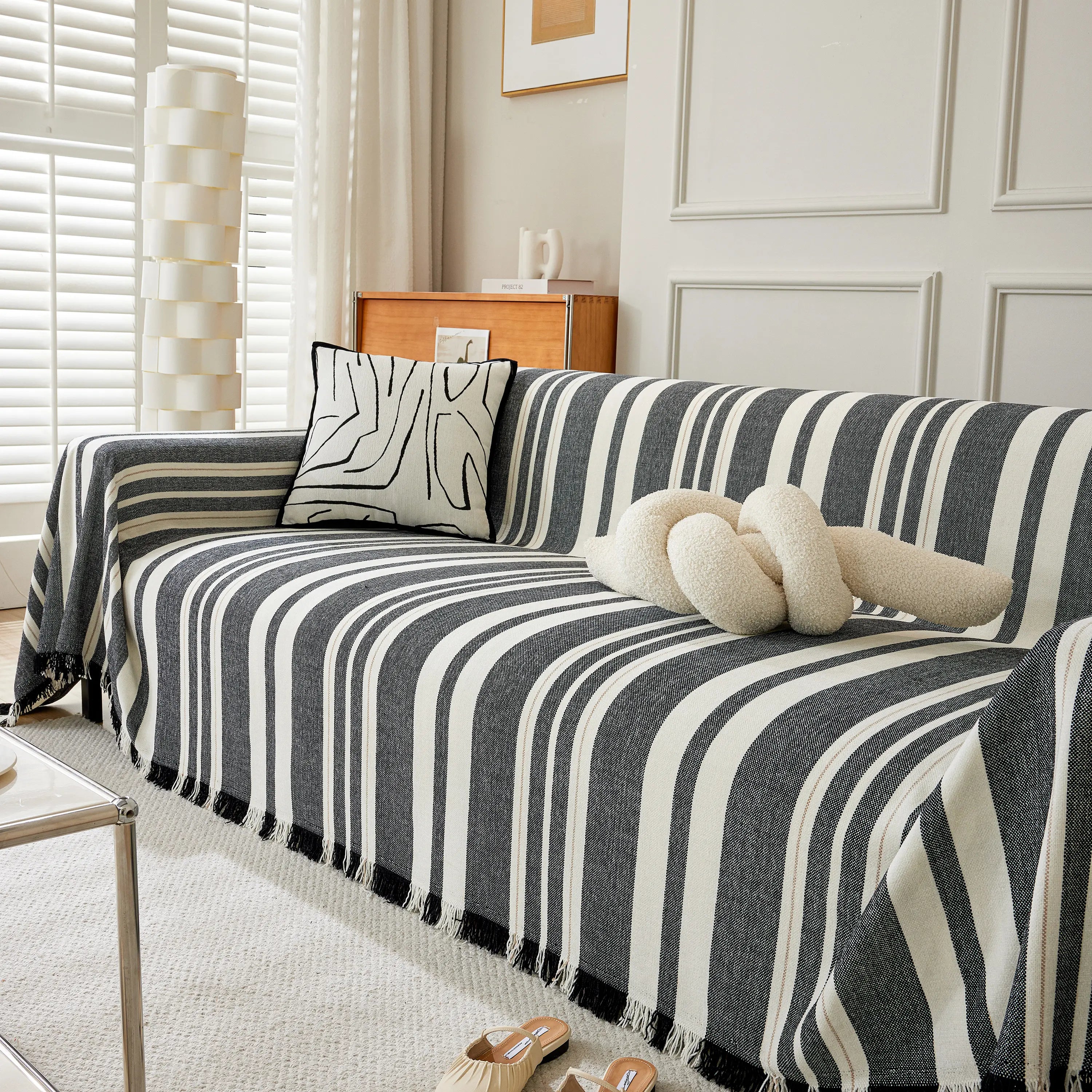 Striped Chenille Sofa Slipcover Throw, Soft Thick Washable Couch Cover Blanket