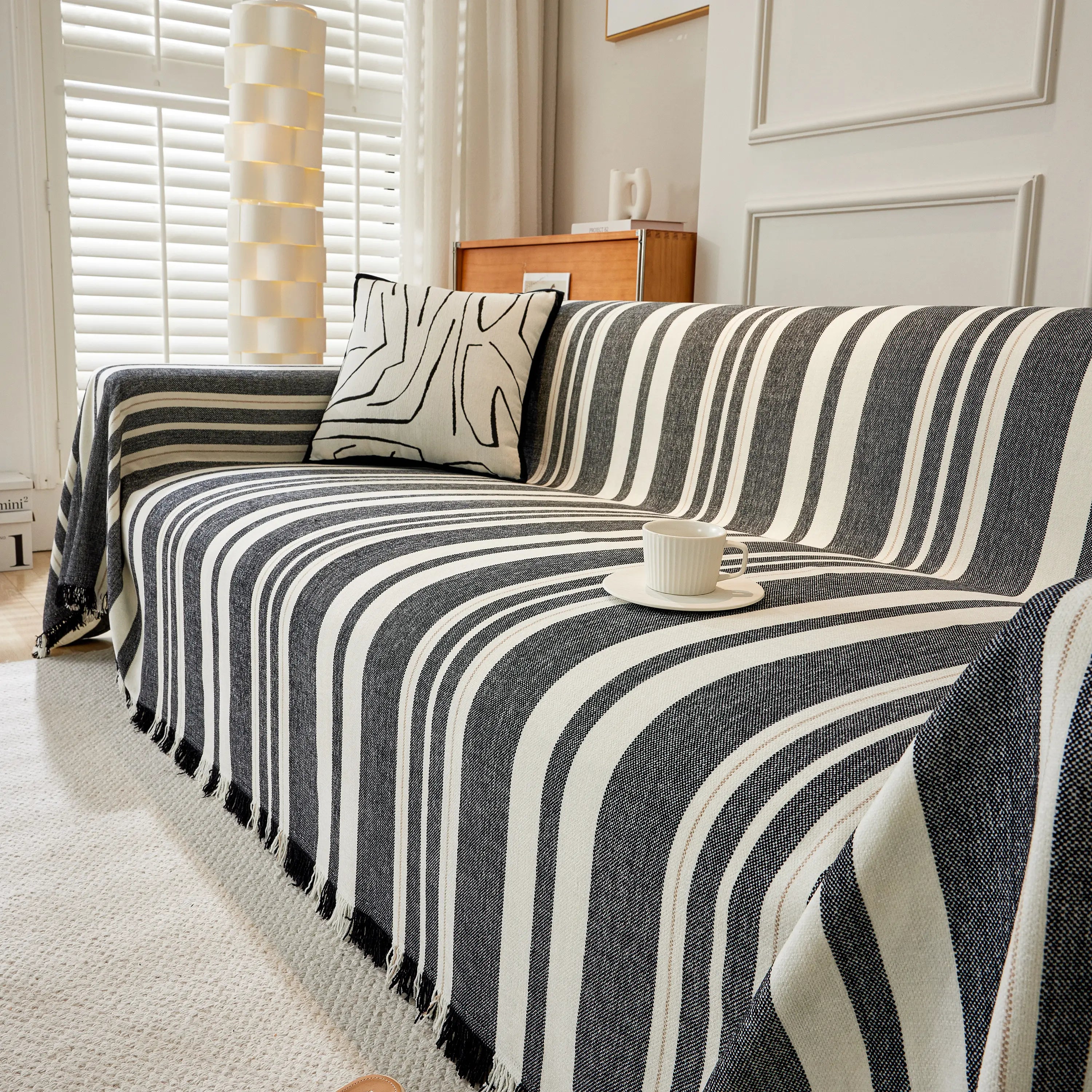 Striped Chenille Sofa Slipcover Throw, Soft Thick Washable Couch Cover Blanket