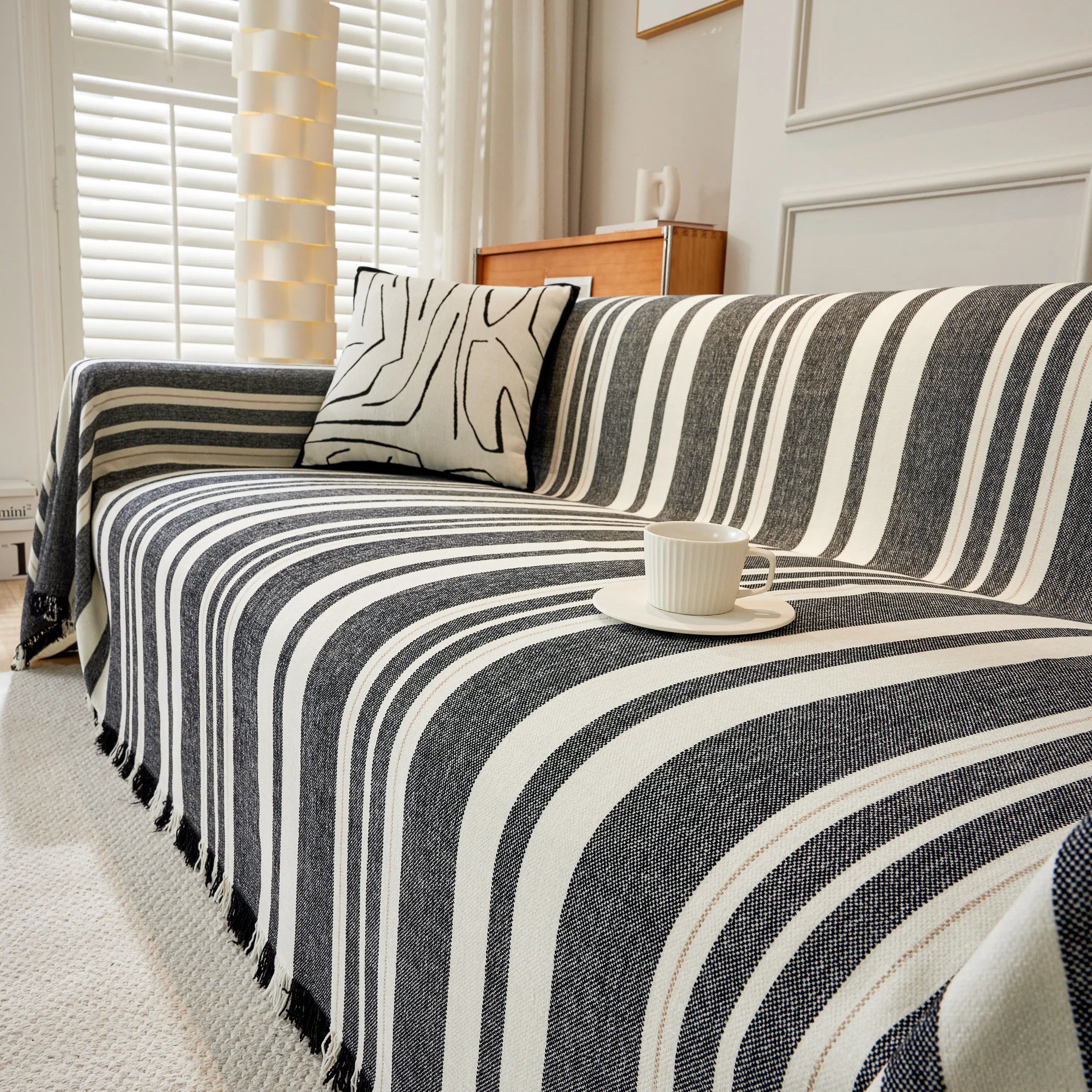Striped Chenille Sofa Slipcover Throw, Soft Thick Washable Couch Cover Blanket