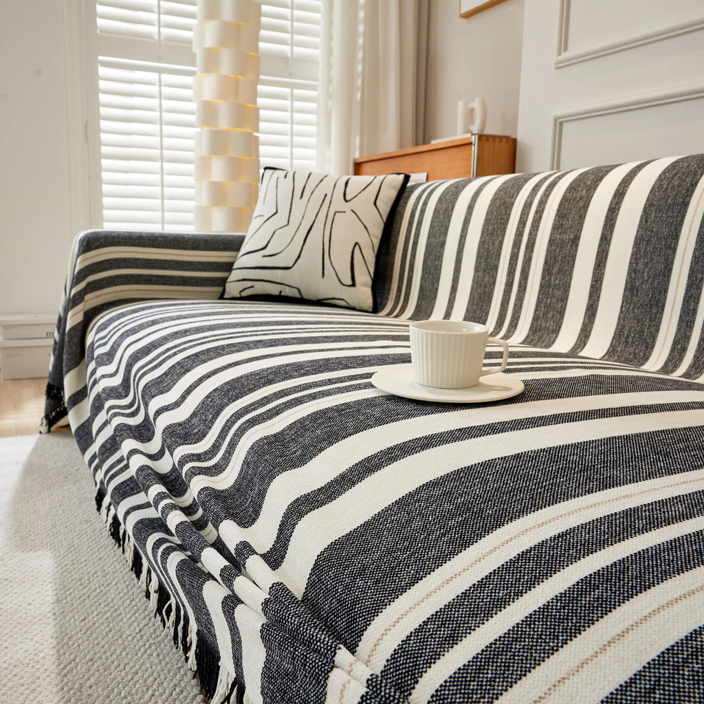 Striped Chenille Sofa Slipcover Throw, Soft Thick Washable Couch Cover Blanket