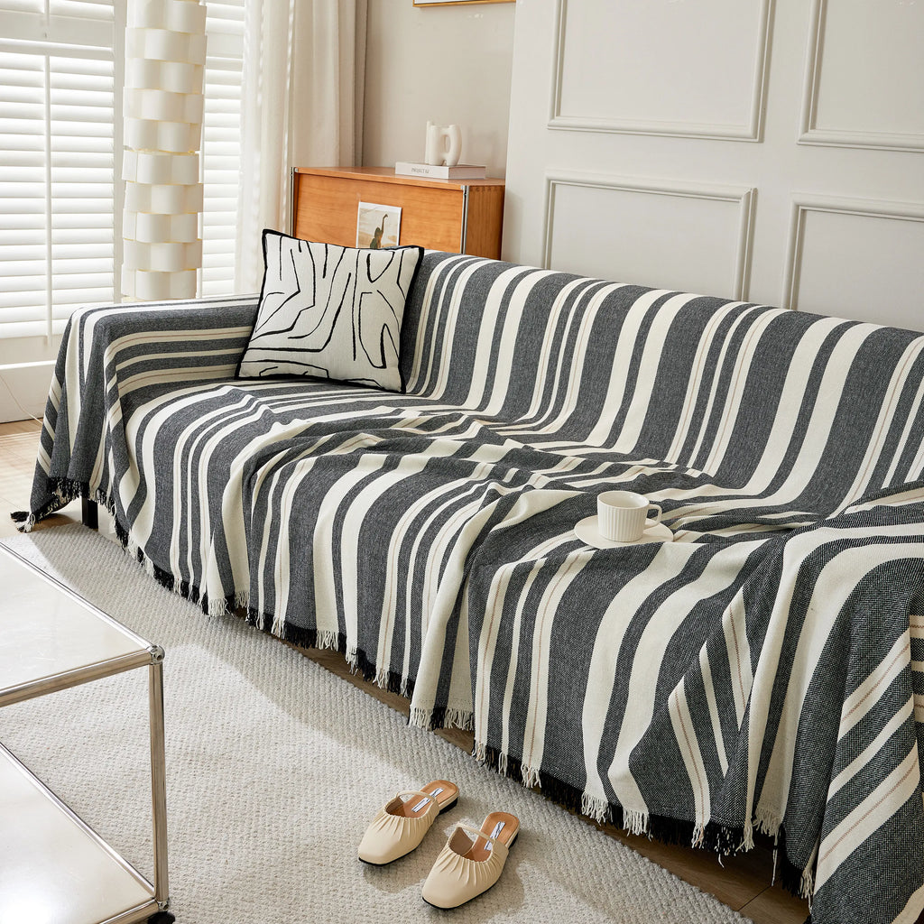 Striped Chenille Sofa Slipcover Throw, Soft Thick Washable Couch Cover Blanket