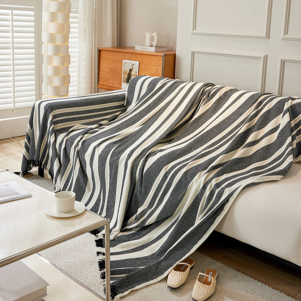 Striped Chenille Sofa Slipcover Throw, Soft Thick Washable Couch Cover Blanket