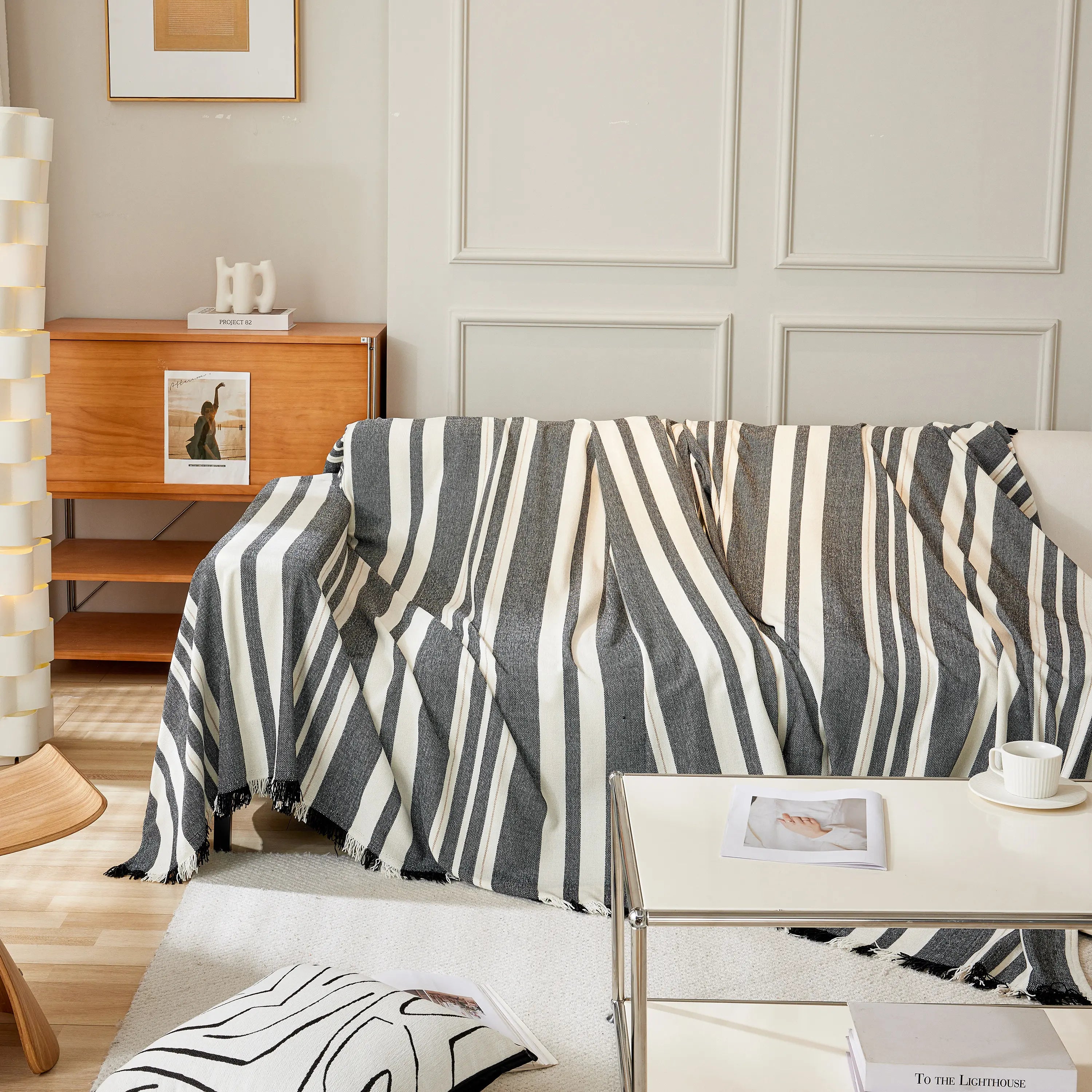 Striped Chenille Sofa Slipcover Throw, Soft Thick Washable Couch Cover Blanket