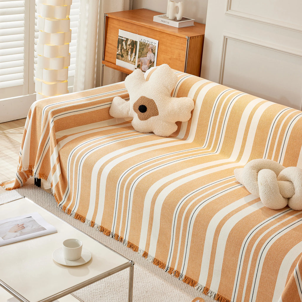 Striped Chenille Sofa Slipcover Throw, Soft Thick Washable Couch Cover Blanket