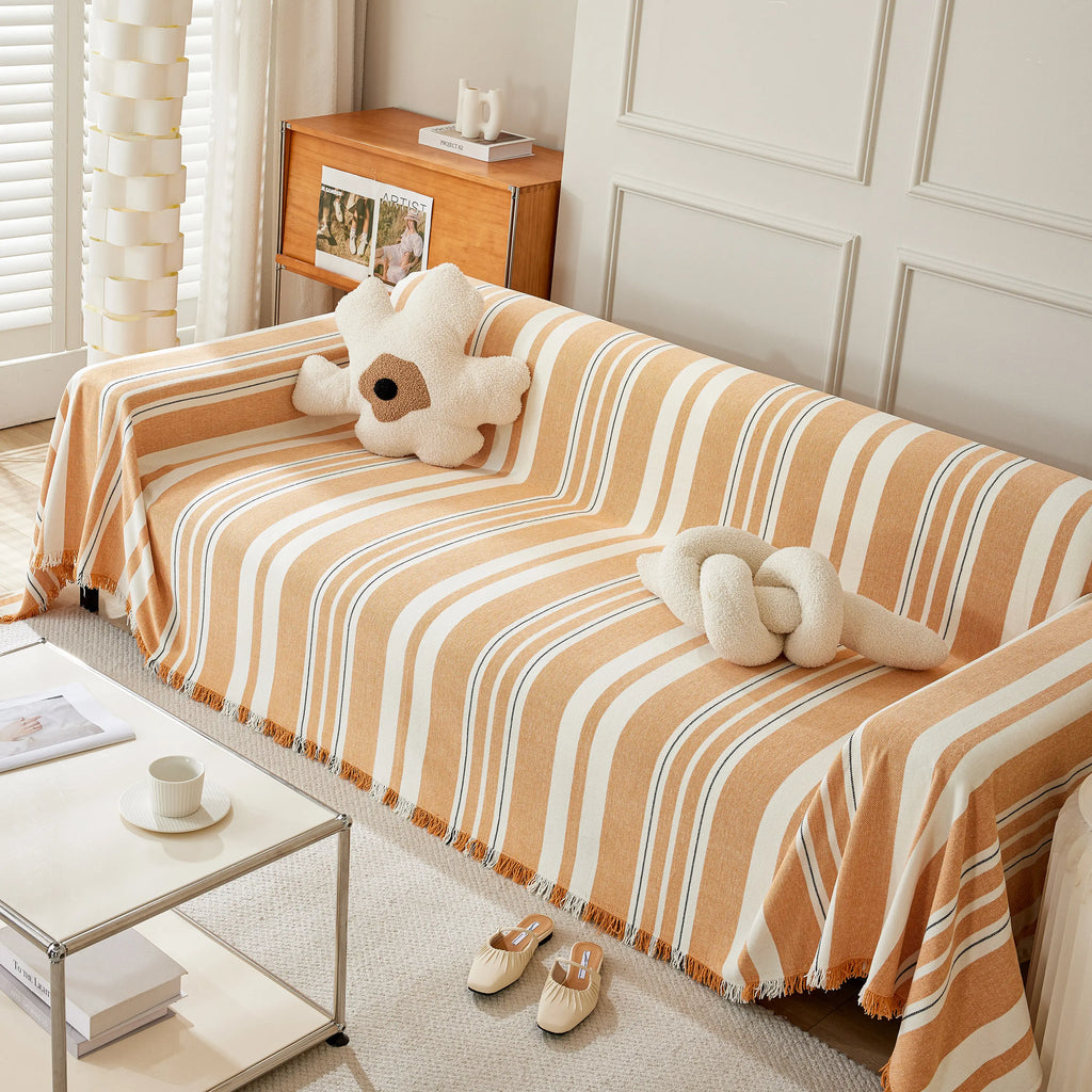 Striped Chenille Sofa Slipcover Throw, Soft Thick Washable Couch Cover Blanket