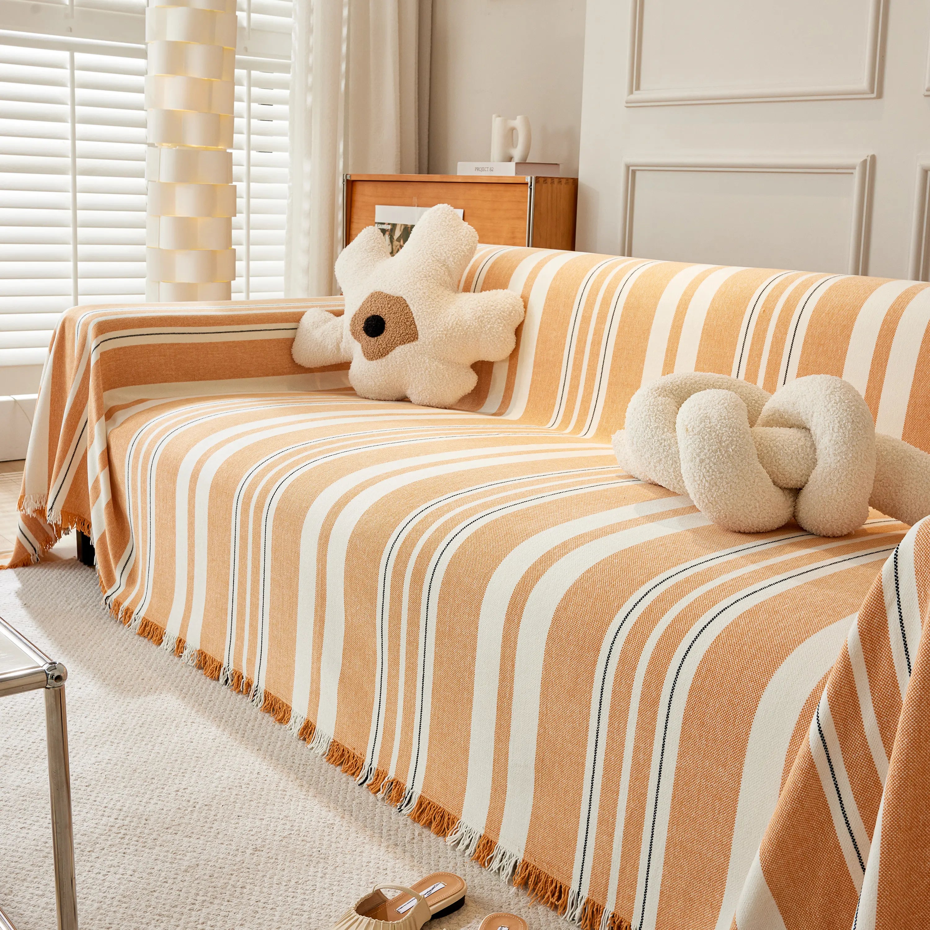 Striped Chenille Sofa Slipcover Throw, Soft Thick Washable Couch Cover Blanket