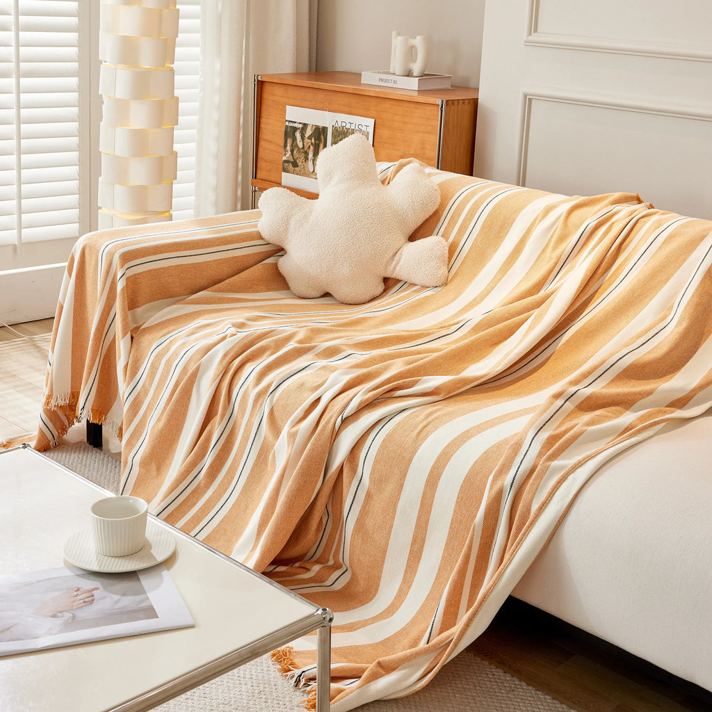 Striped Chenille Sofa Slipcover Throw, Soft Thick Washable Couch Cover Blanket