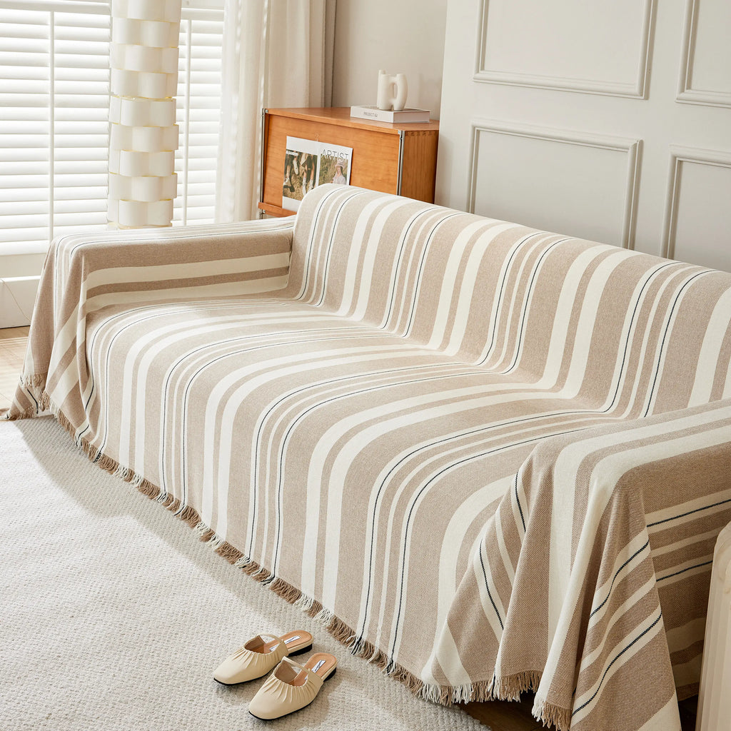 Striped Chenille Sofa Slipcover Throw, Soft Thick Washable Couch Cover Blanket