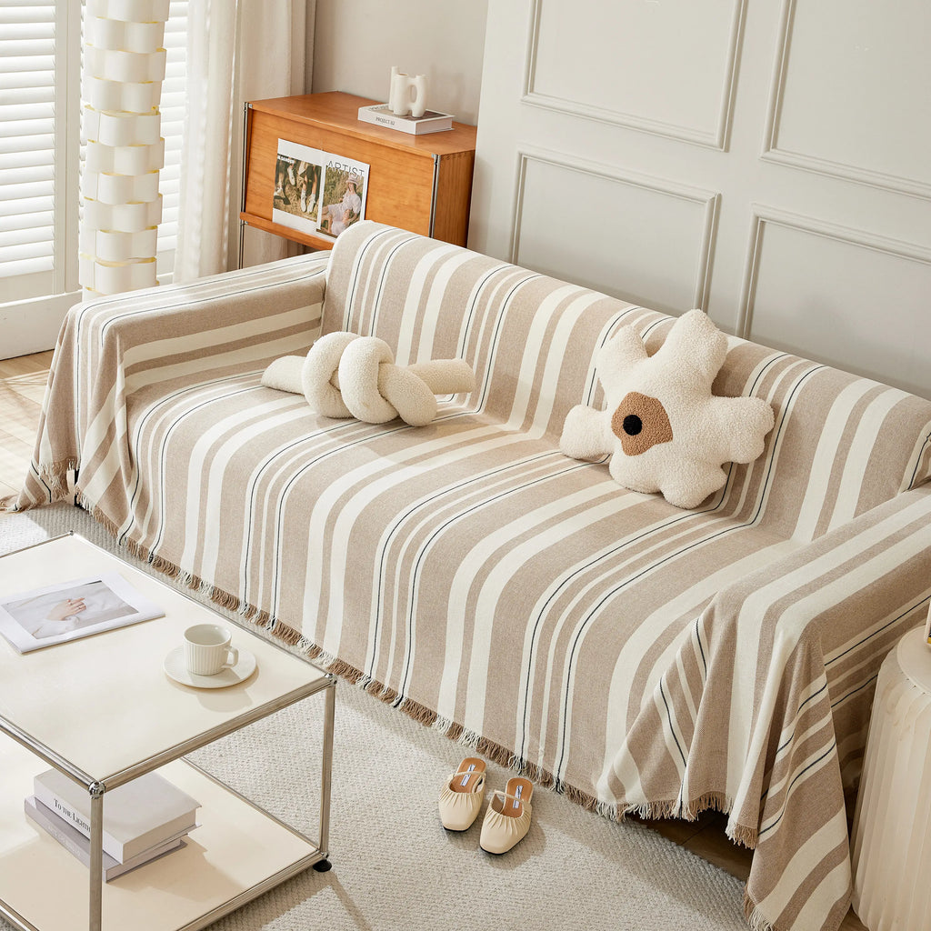Striped Chenille Sofa Slipcover Throw, Soft Thick Washable Couch Cover Blanket