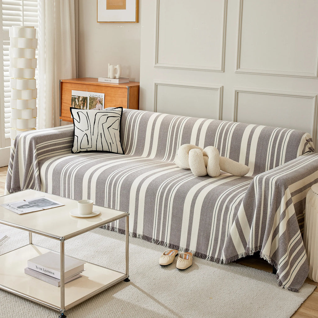 Striped Chenille Sofa Slipcover Throw, Soft Thick Washable Couch Cover Blanket