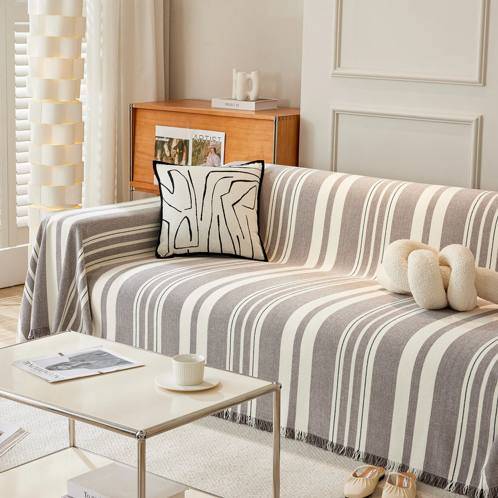 Striped Chenille Sofa Slipcover Throw, Soft Thick Washable Couch Cover Blanket