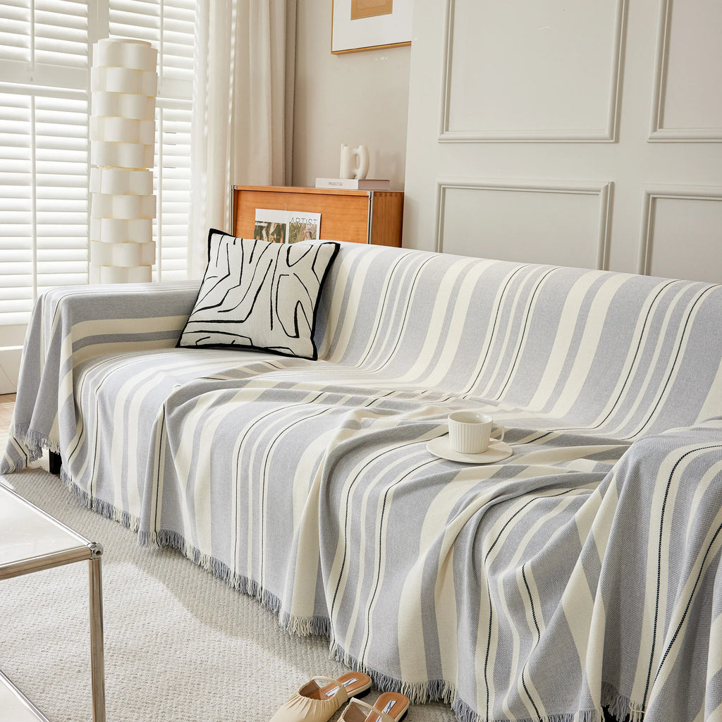 Striped Chenille Sofa Slipcover Throw, Soft Thick Washable Couch Cover Blanket