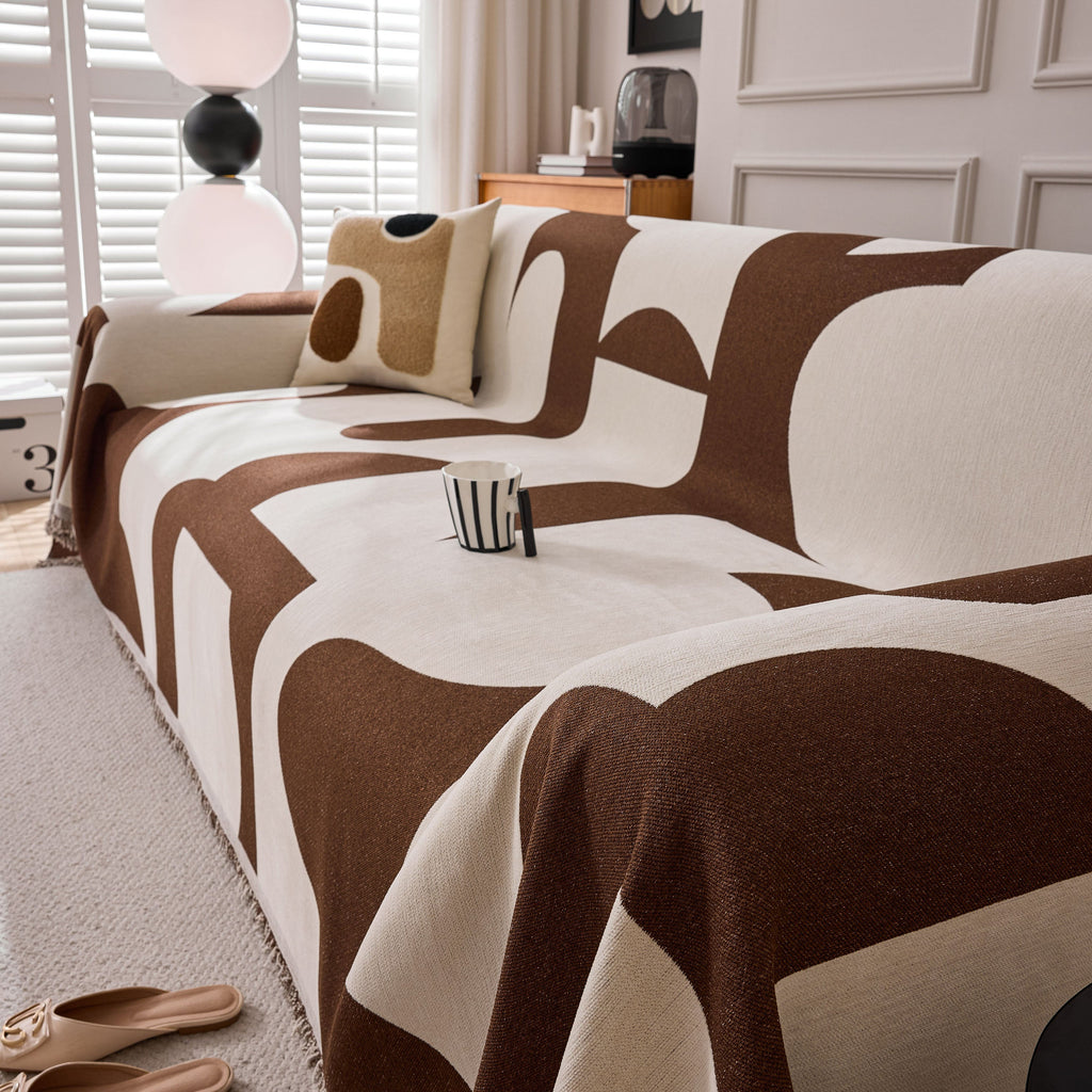 Modern Abstract Chenille Sofa Cover, Large Soft Throw Blanket with Tassels for Couch