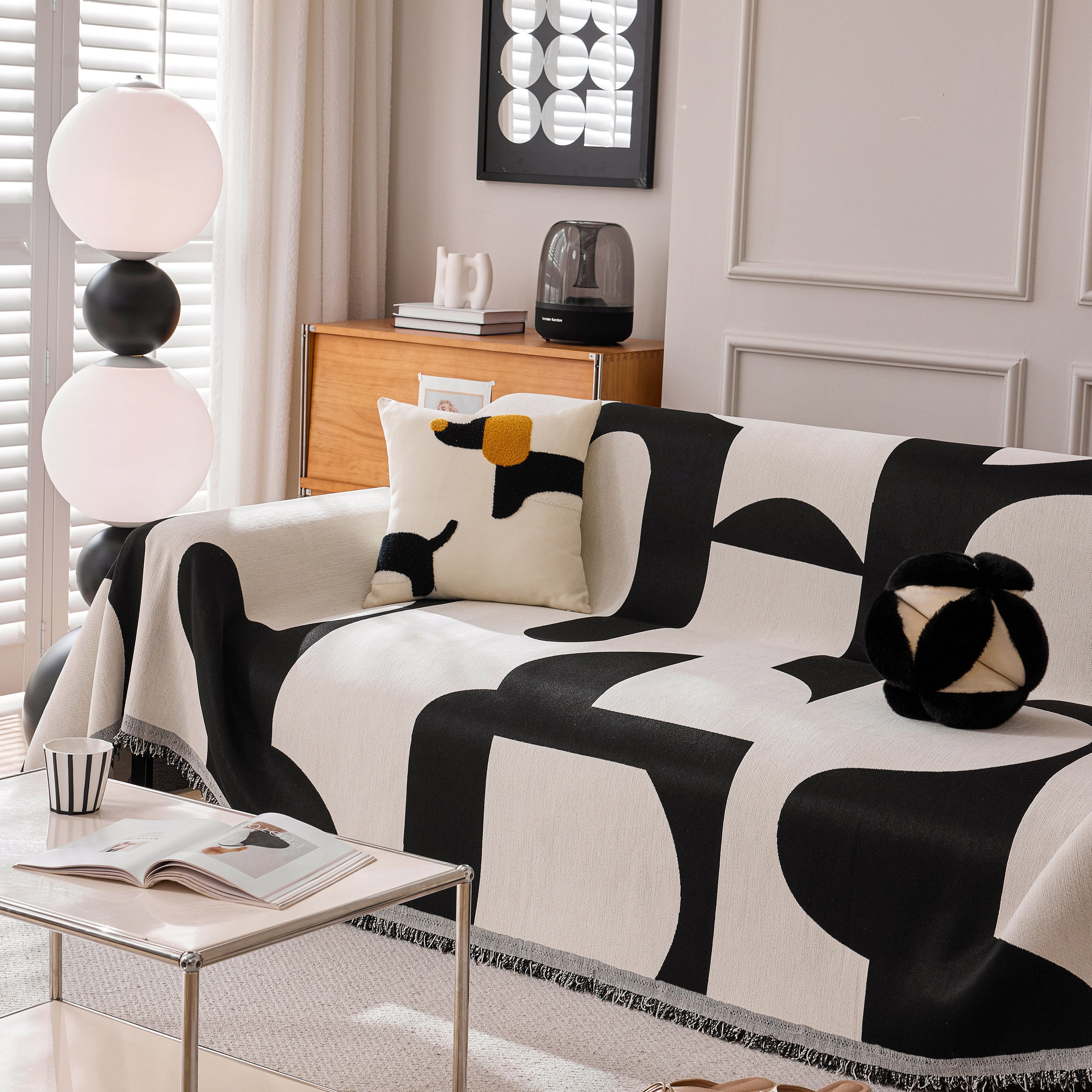 Modern Abstract Chenille Sofa Cover, Large Soft Throw Blanket with Tassels for Couch