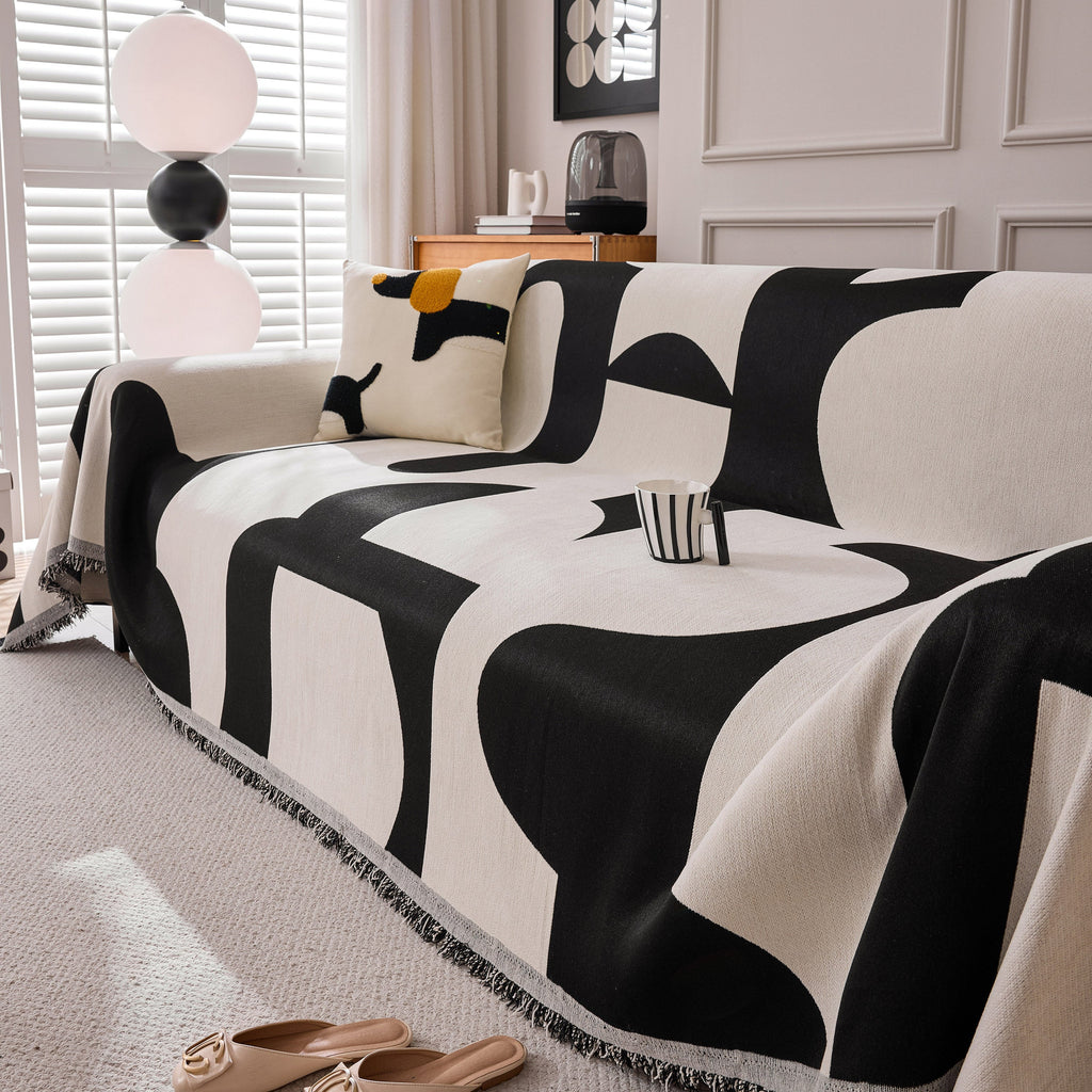 Modern Abstract Chenille Sofa Cover, Large Soft Throw Blanket with Tassels for Couch