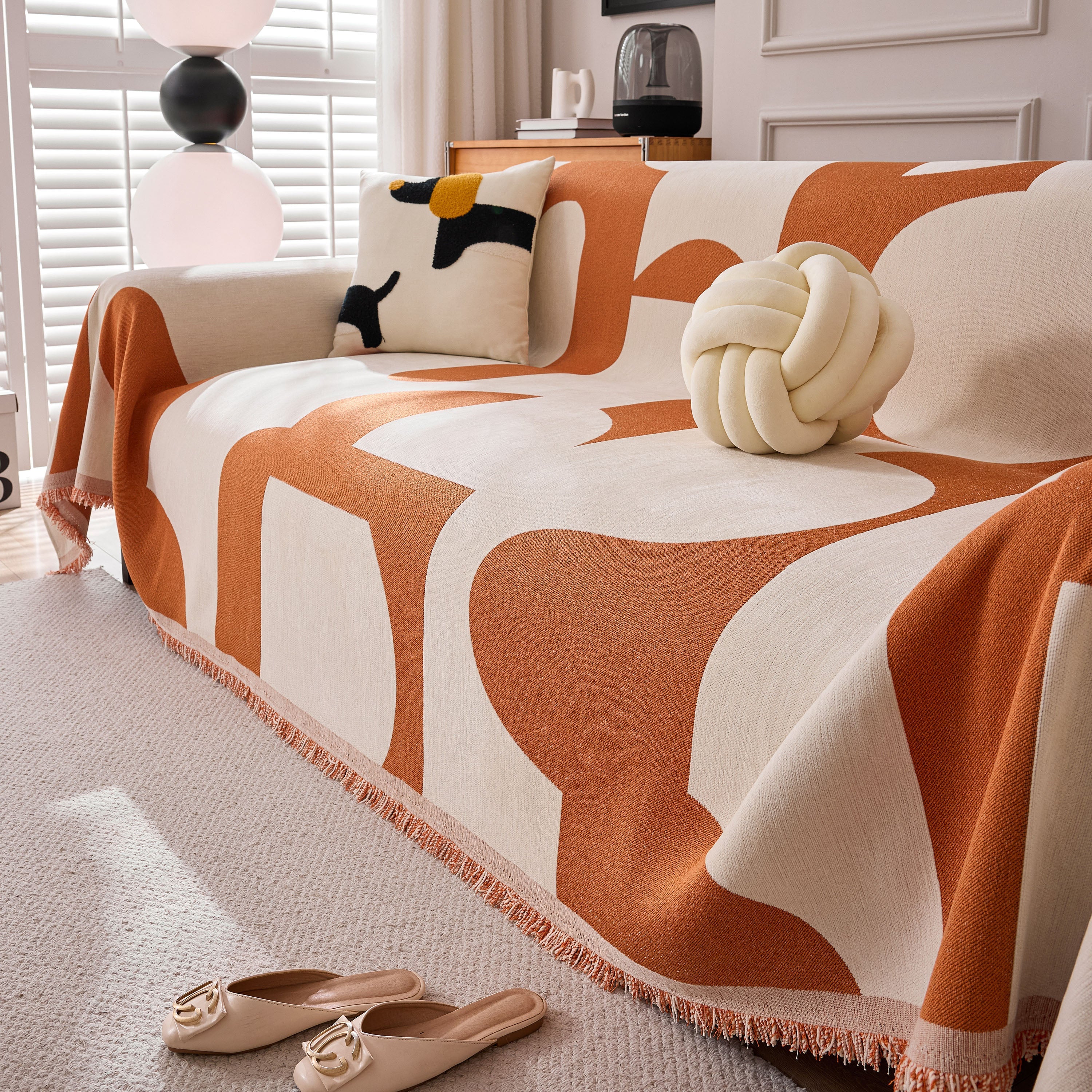 Modern Abstract Chenille Sofa Cover, Large Soft Throw Blanket with Tassels for Couch