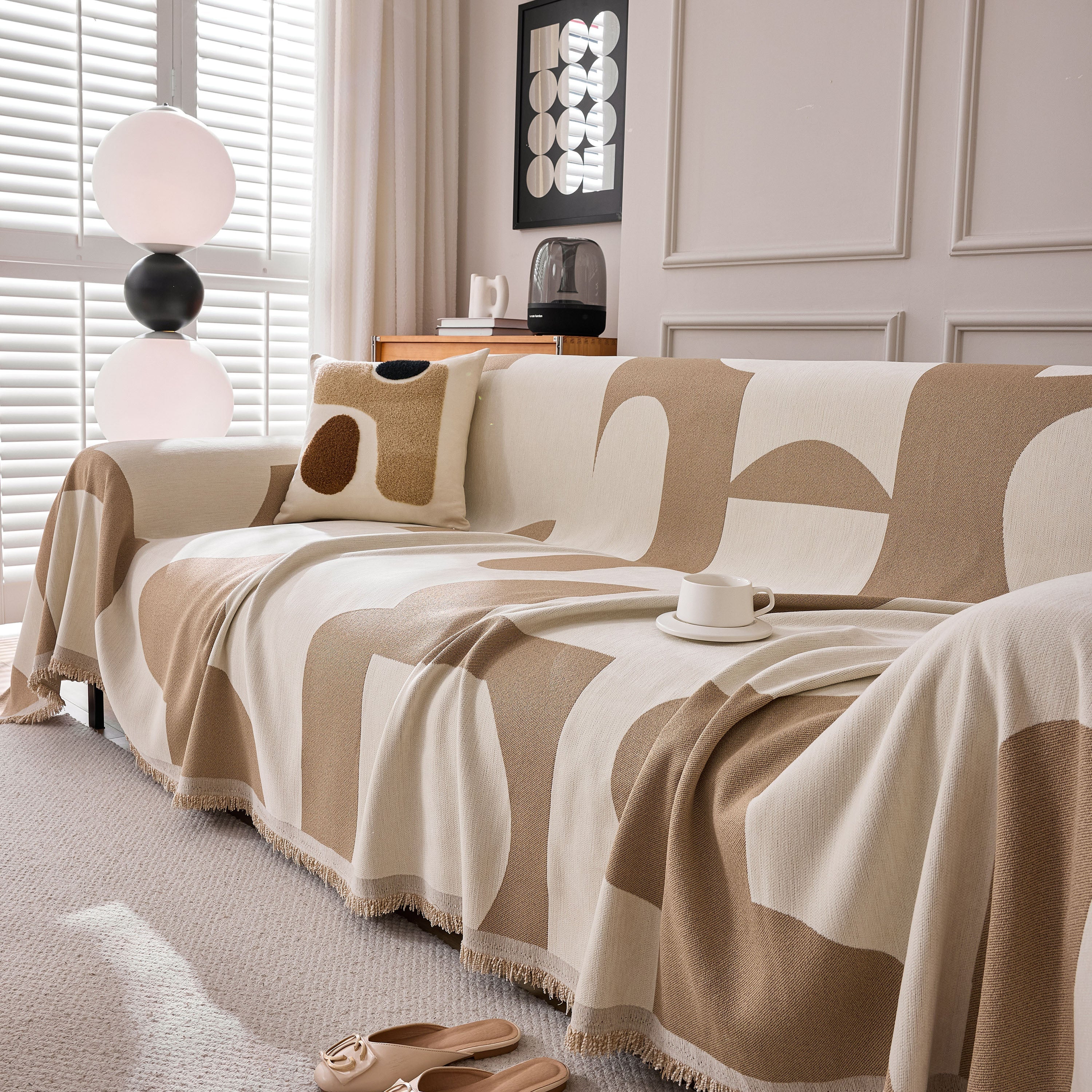 Modern Abstract Chenille Sofa Cover, Large Soft Throw Blanket with Tassels for Couch