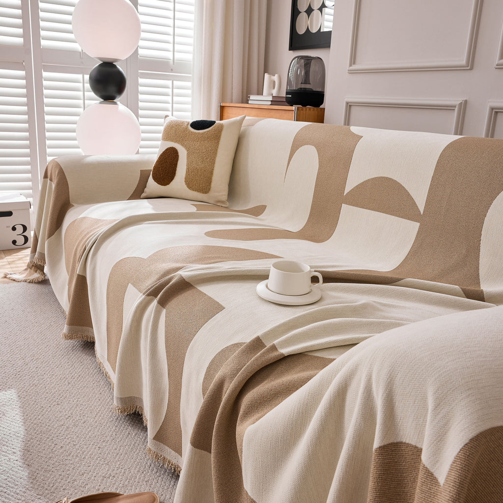 Modern Abstract Chenille Sofa Cover, Large Soft Throw Blanket with Tassels for Couch