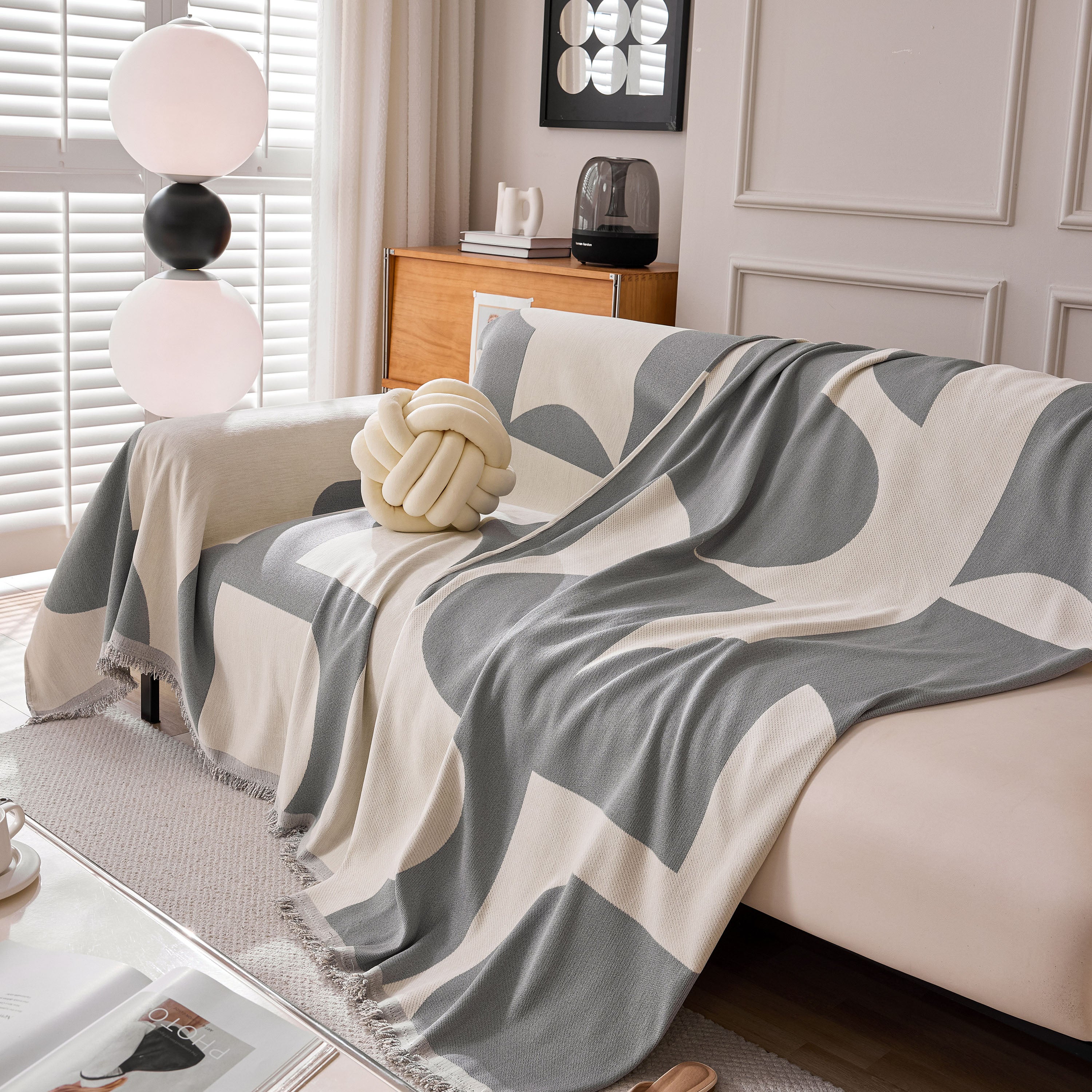 Modern Abstract Chenille Sofa Cover, Large Soft Throw Blanket with Tassels for Couch