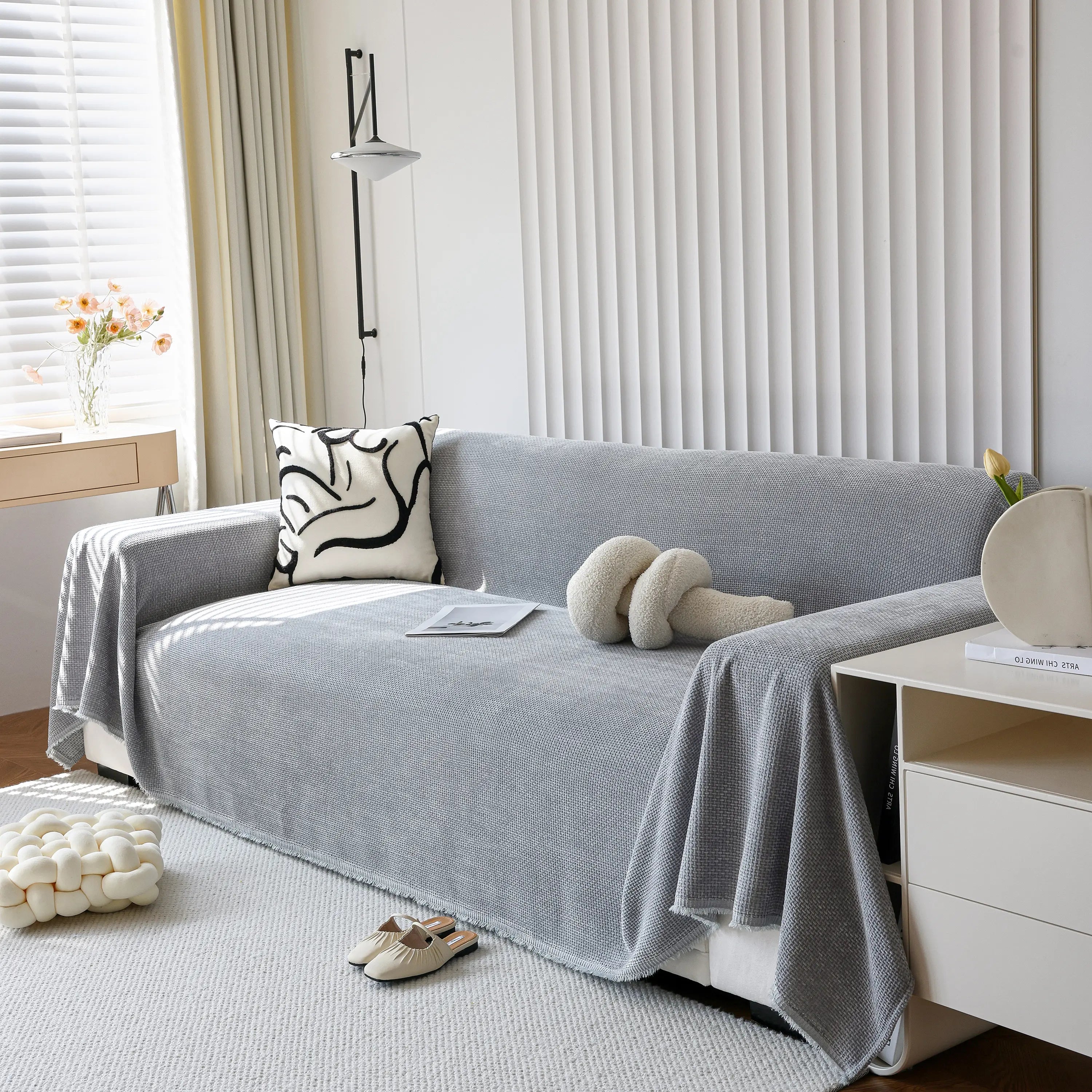 Chenille Thickened Solid Couch Blanket Throws, Reversible Couch Covers for Sectional Couches