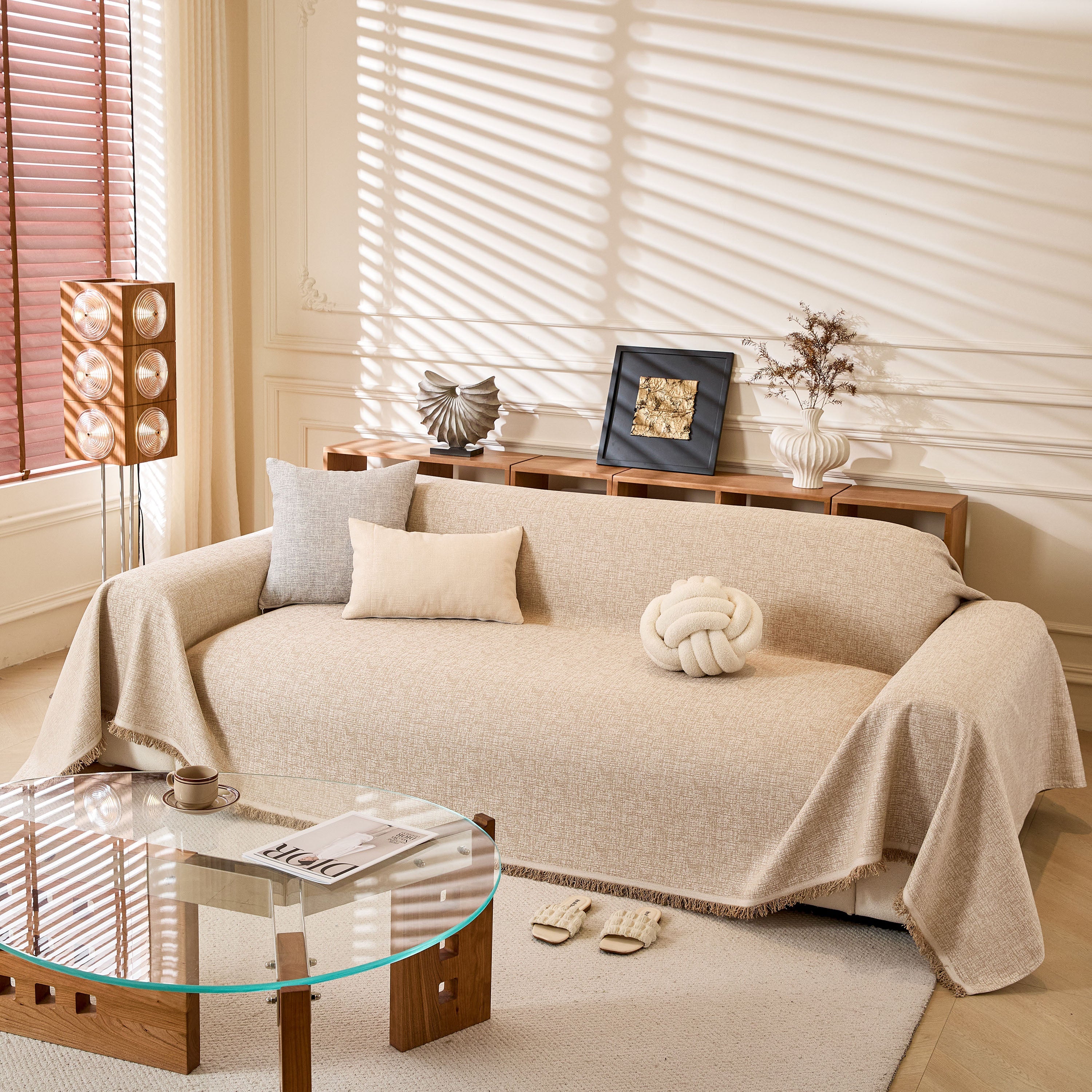 Linen-Look Textured Couch Throw Cover, Breathable Sofa Blanket & Furniture Protector