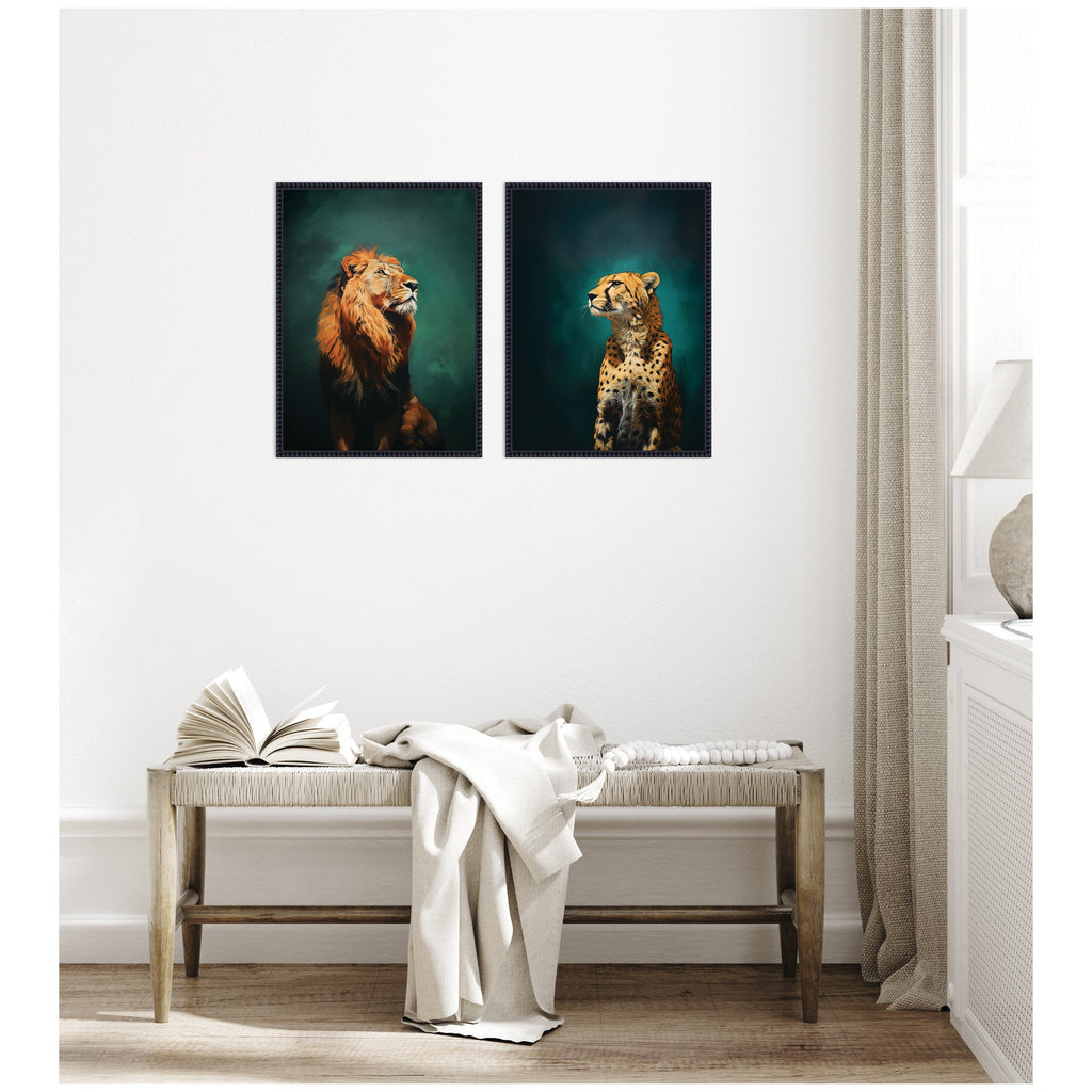 Twlight Lion and Cheetah 2 Piece Framed Canvas Wall Art Set by The Creative Bunch Studio