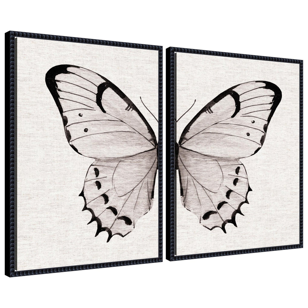 Sylvie Beaded Minimal Butterfly Watercolor Neutral Linen - 2 Piece Framed Canvas Art Set by The Creative Bunch Studio