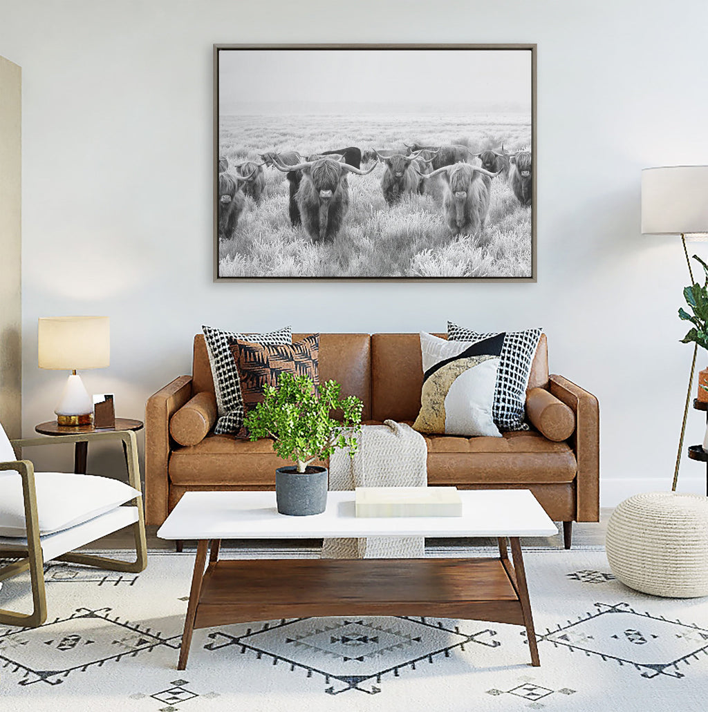 Sylvie Herd of Highland Cows Black and White Framed Canvas by The Creative Bunch Studio