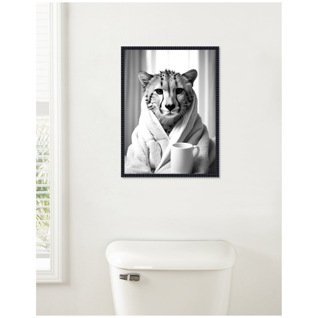 Sylvie Cheetah Bathroom Art Towel Robe Black and White Framed Canvas by The Creative Bunch Studio
