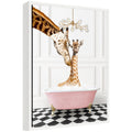 Sylvie Mother and Baby Giraffe in Pink Bathtub on Checker Floor Framed Canvas by Amy Peterson