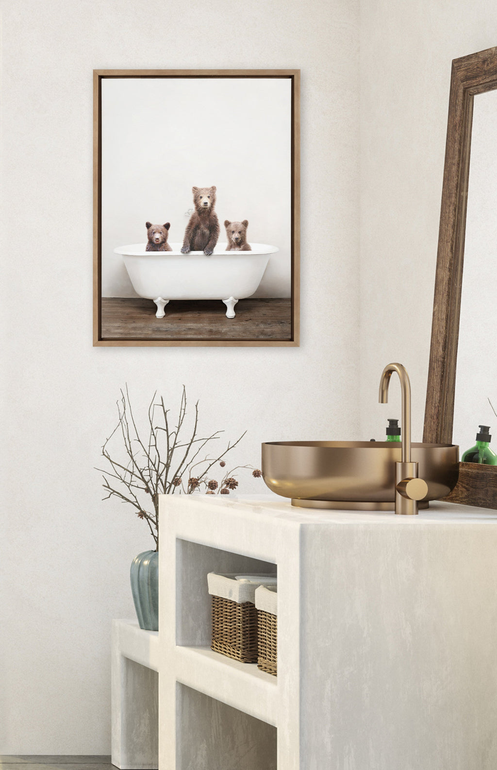 Sylvie Three Little Bears in Vintage Bathtub Framed Canvas by Amy Peterson Art Studio