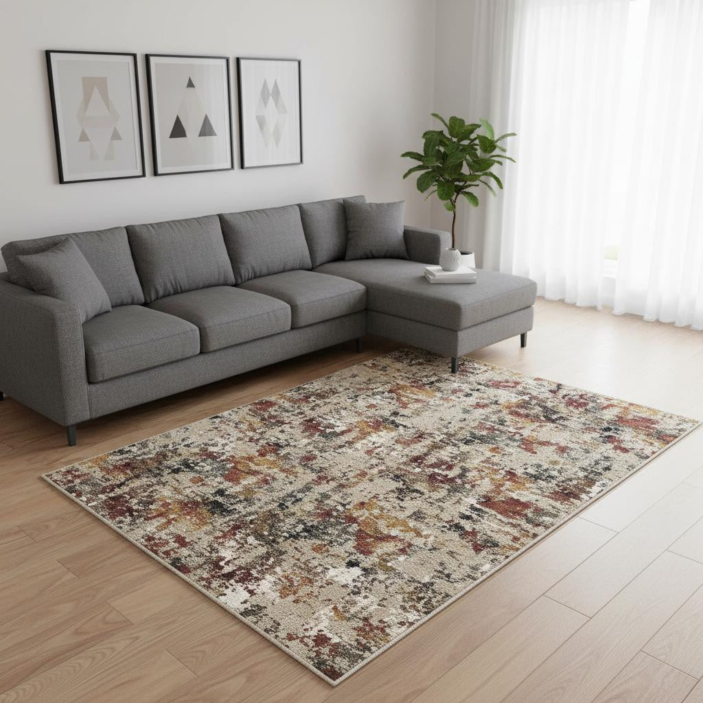9 X 12 Beige Red And Ivory Abstract Washable Area Rug
