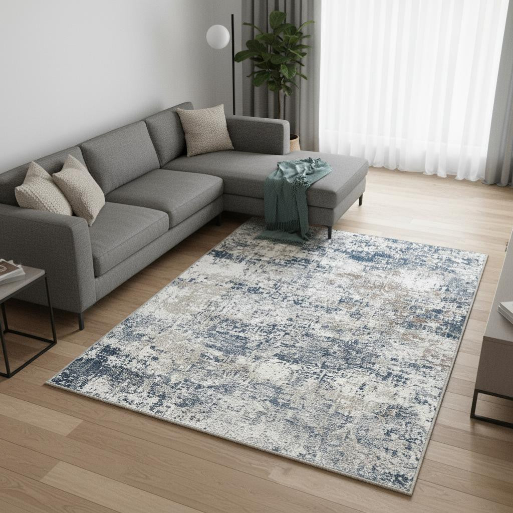 8 X 10 Blue And Ivory Abstract Washable Area Rug