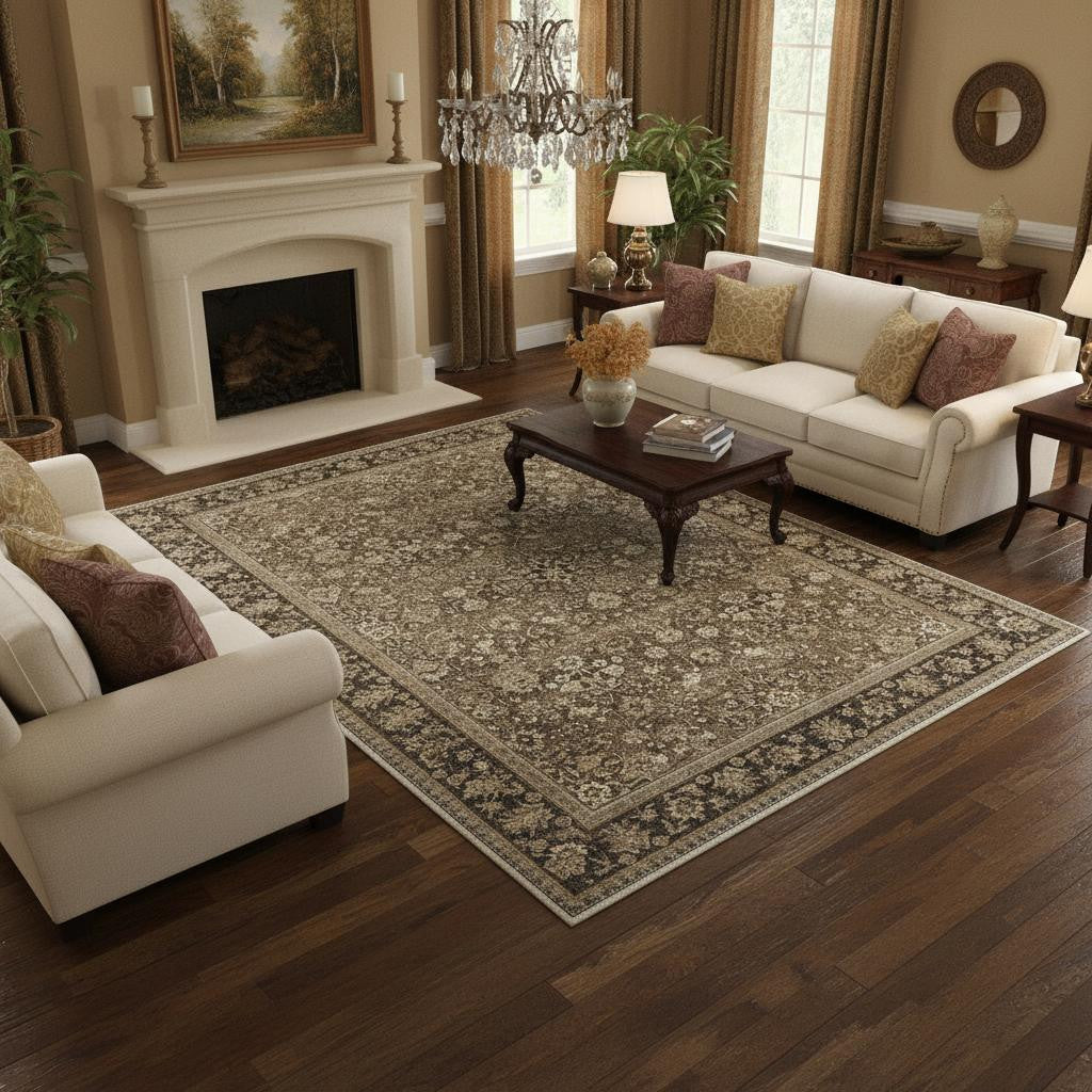 8 X 10 Brown Ivory And Tan Floral Medallion Washable Area Rug