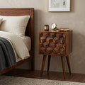 24 Inch Brown Solid Wood Carved Geometric Two Drawer Nightstand
