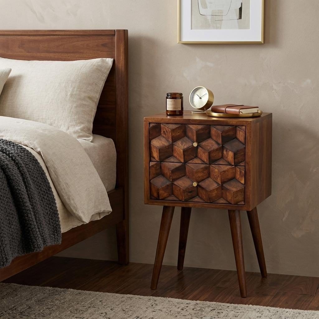 24 Inch Brown Solid Wood Carved Geometric Two Drawer Nightstand