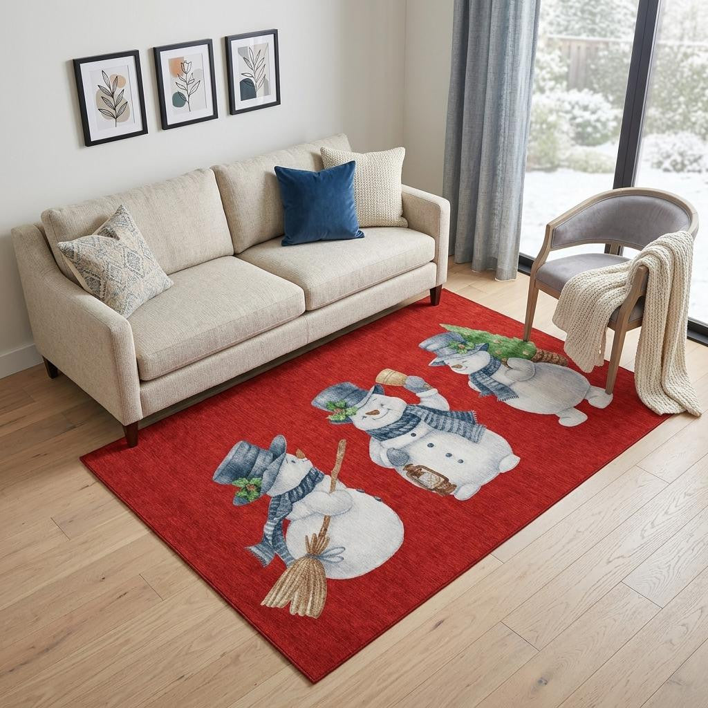 5 X 8 Red And White Christmas Snowmen Washable Area Rug With UV Protection