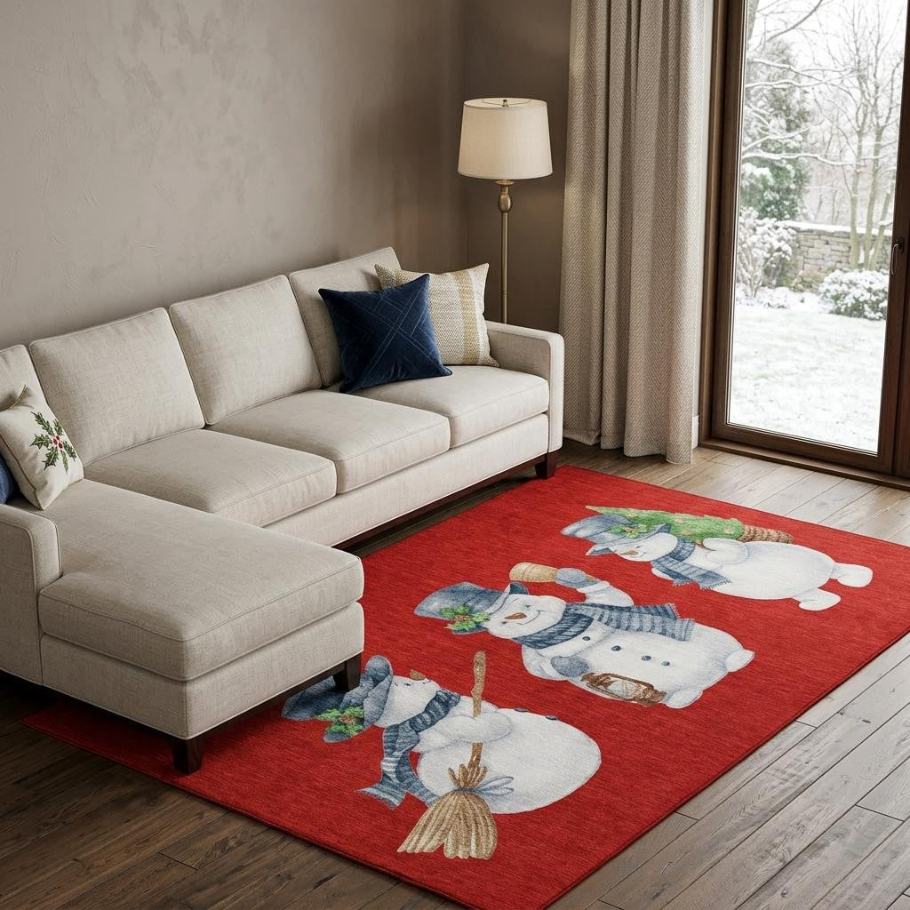 8 X 10 Red And White Christmas Snowmen Washable Area Rug With UV Protection
