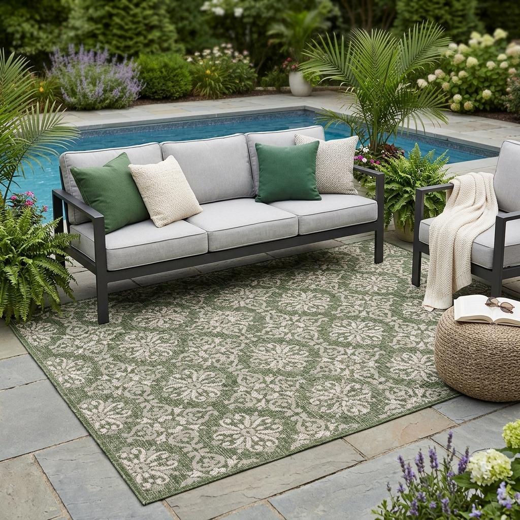 5 X 8 Green And Cream Floral Indoor Outdoor Area Rug