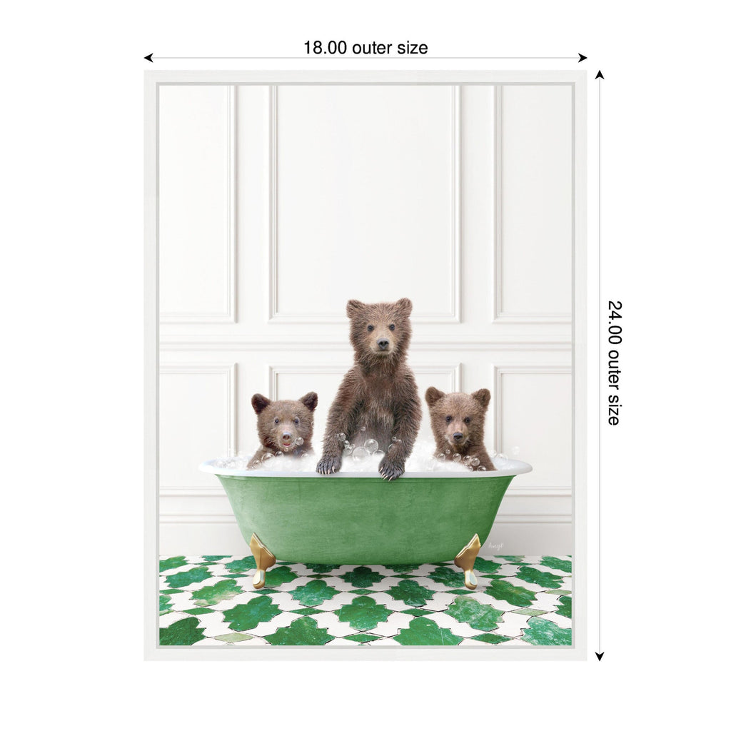 Sylvie Three Bear Cubs in Eclectic Green Panel Wall Bathtub Framed Canvas by Amy Peterson