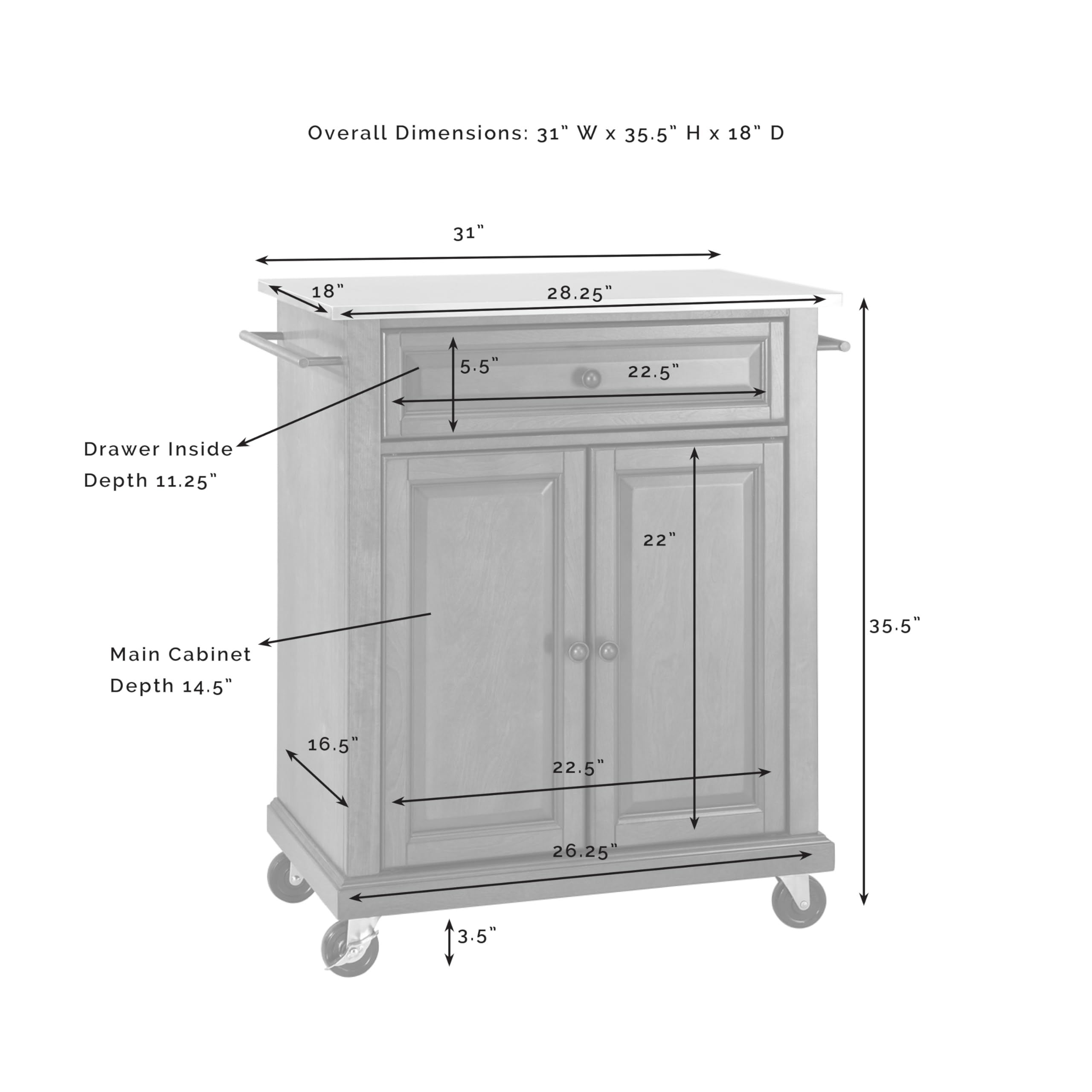 Crosley Furniture Compact Stainless Steel Top Rolling Cart with Shelves, Microwave Stand with Towel Rack, White