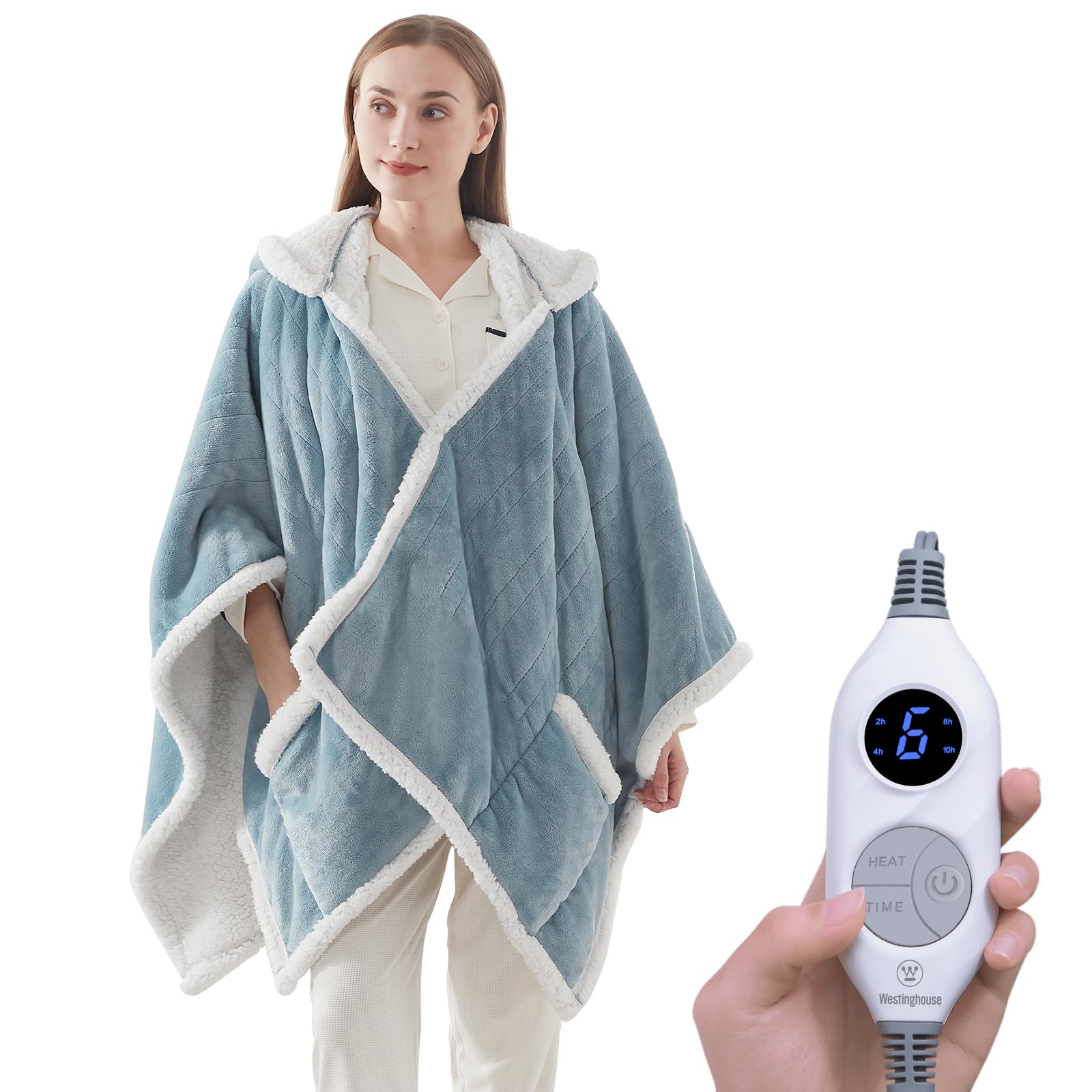 Westinghouse Wearable Heated Throw Blanket, Electric Heated Wrap Poncho Shawl With Pockets, 6 Heating Levels & 2 To 10 Hours Tim