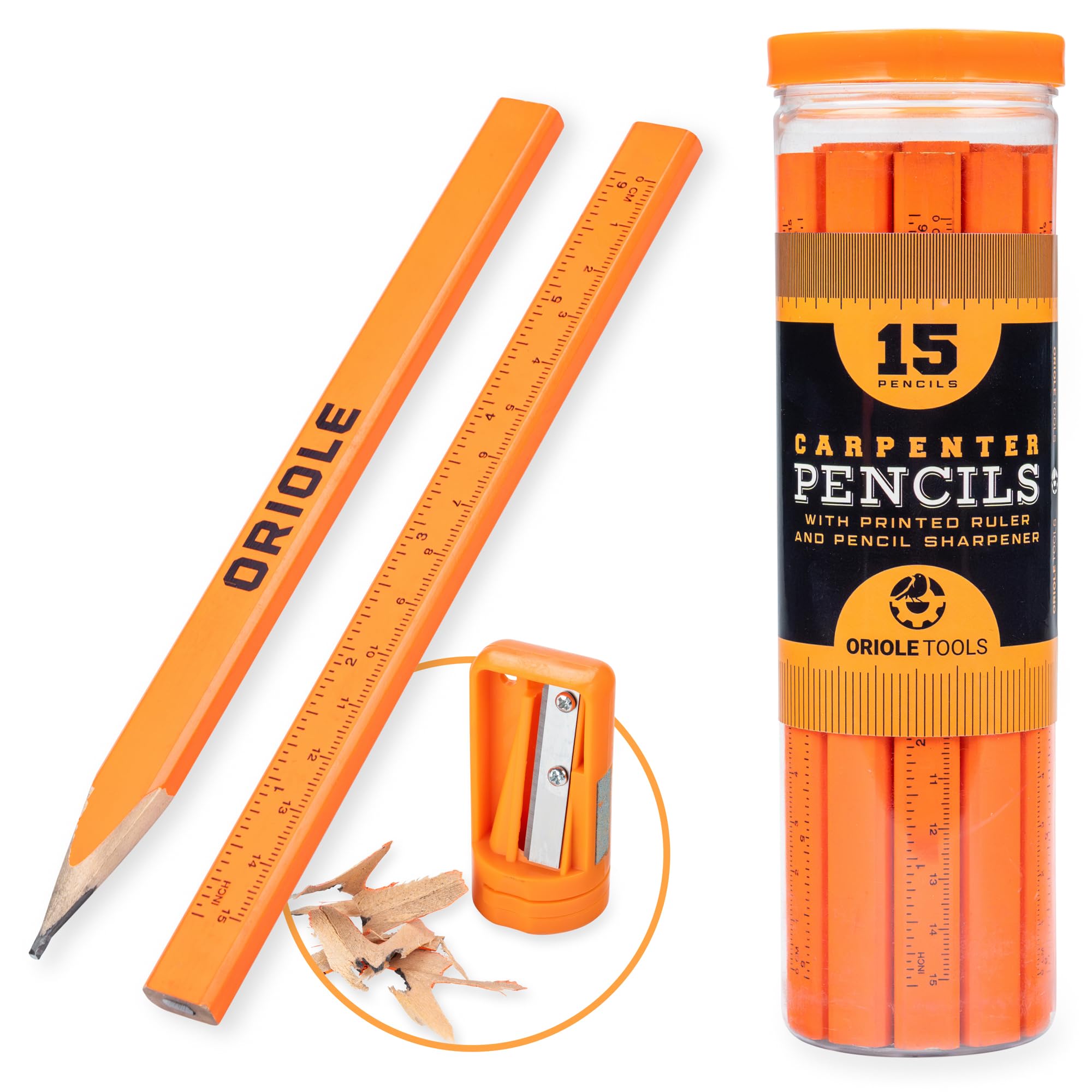 Professional Carpenter Pencils Kit With Storage: 15 Flat Pencils, Sharpener, Durable Pvc Container - For Construction, Contracto