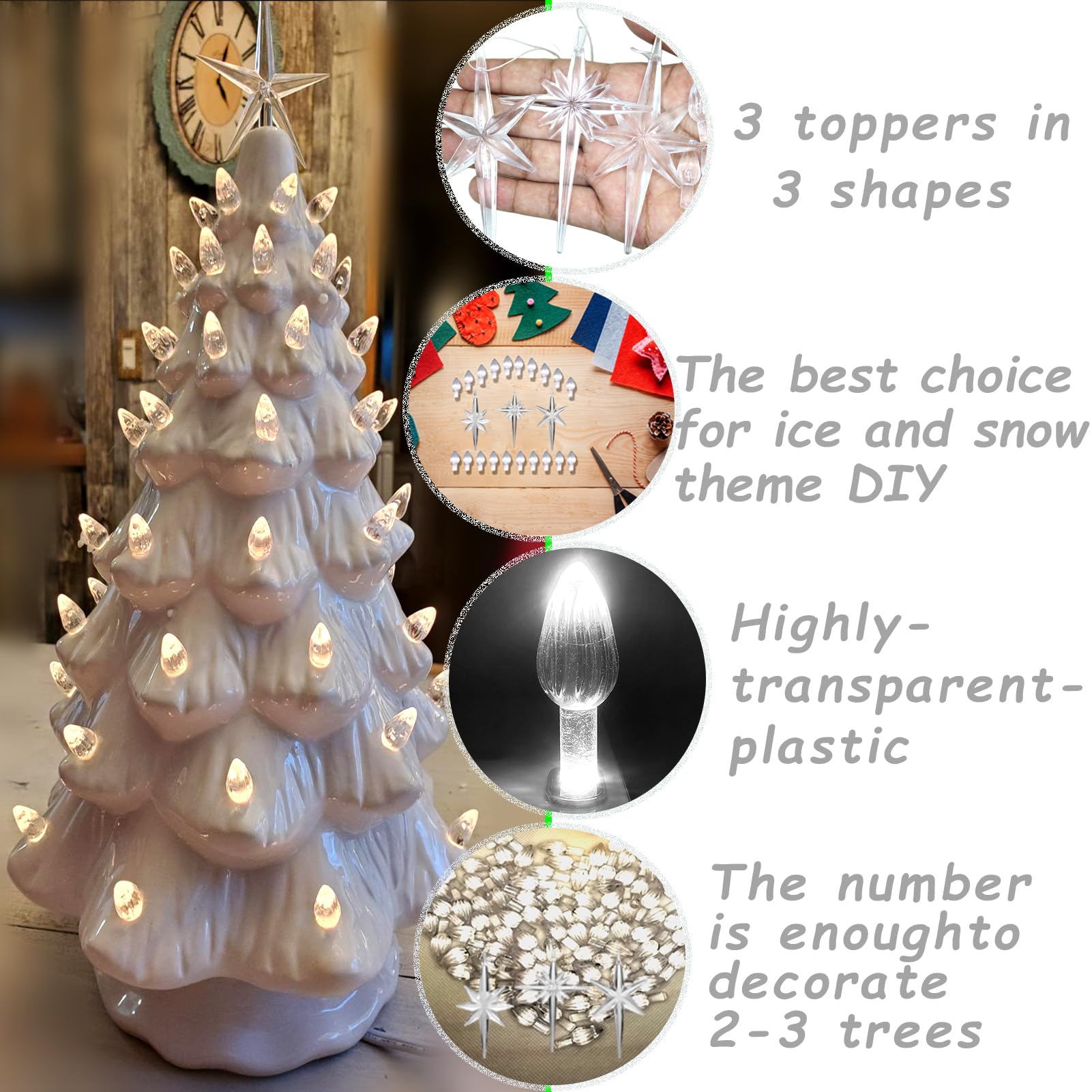 Konohaelf Ceramic Christmas Tree Replacement Lights Bulbs, Clear White Medium Twist Plastics Pegs Ornaments For Ceramic Tree(87