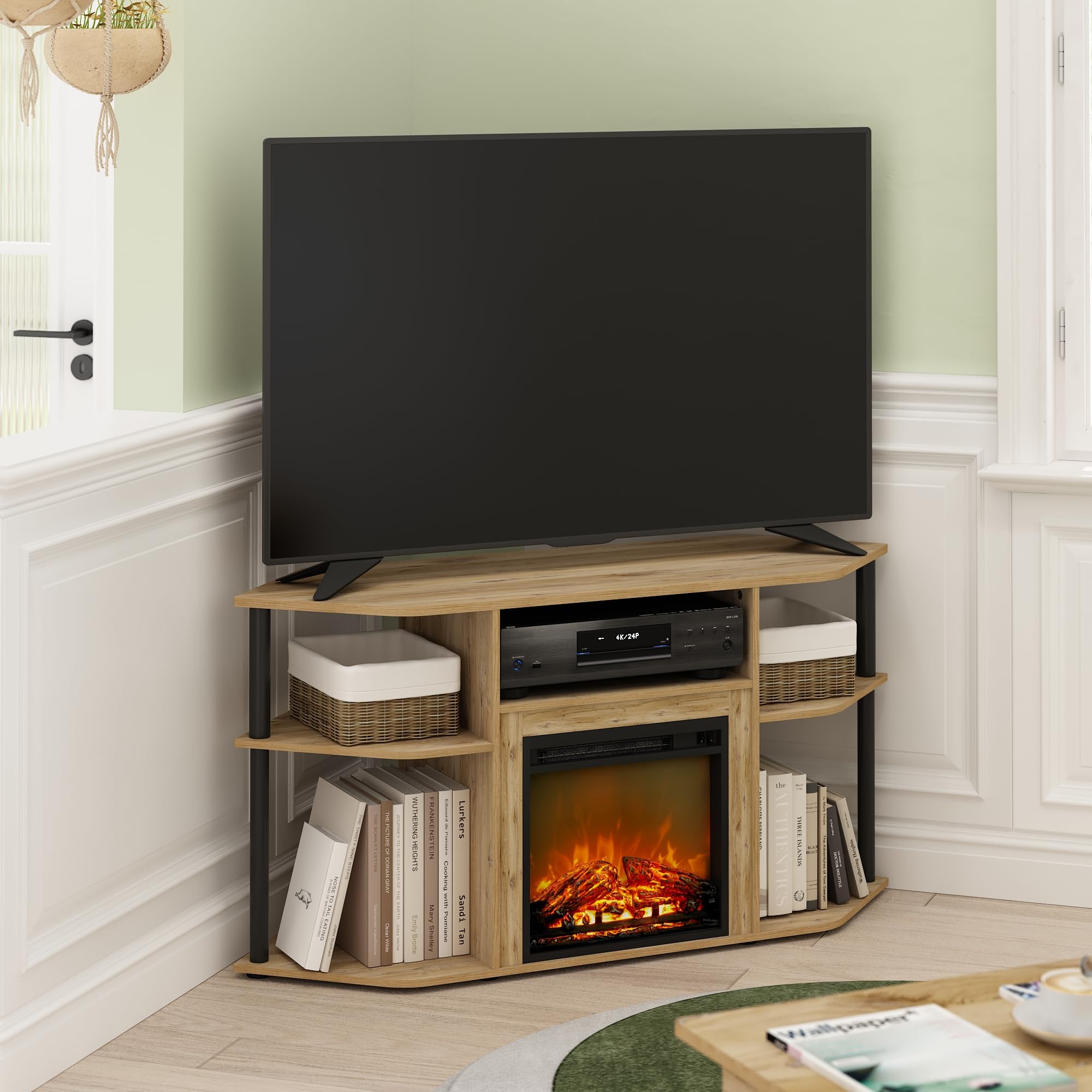Furinno Jensen Open Storage Corner Fireplace TV Entertainment Center with Plastic Poles for TV up to 55 Inch, Flagstaff Oak/Black