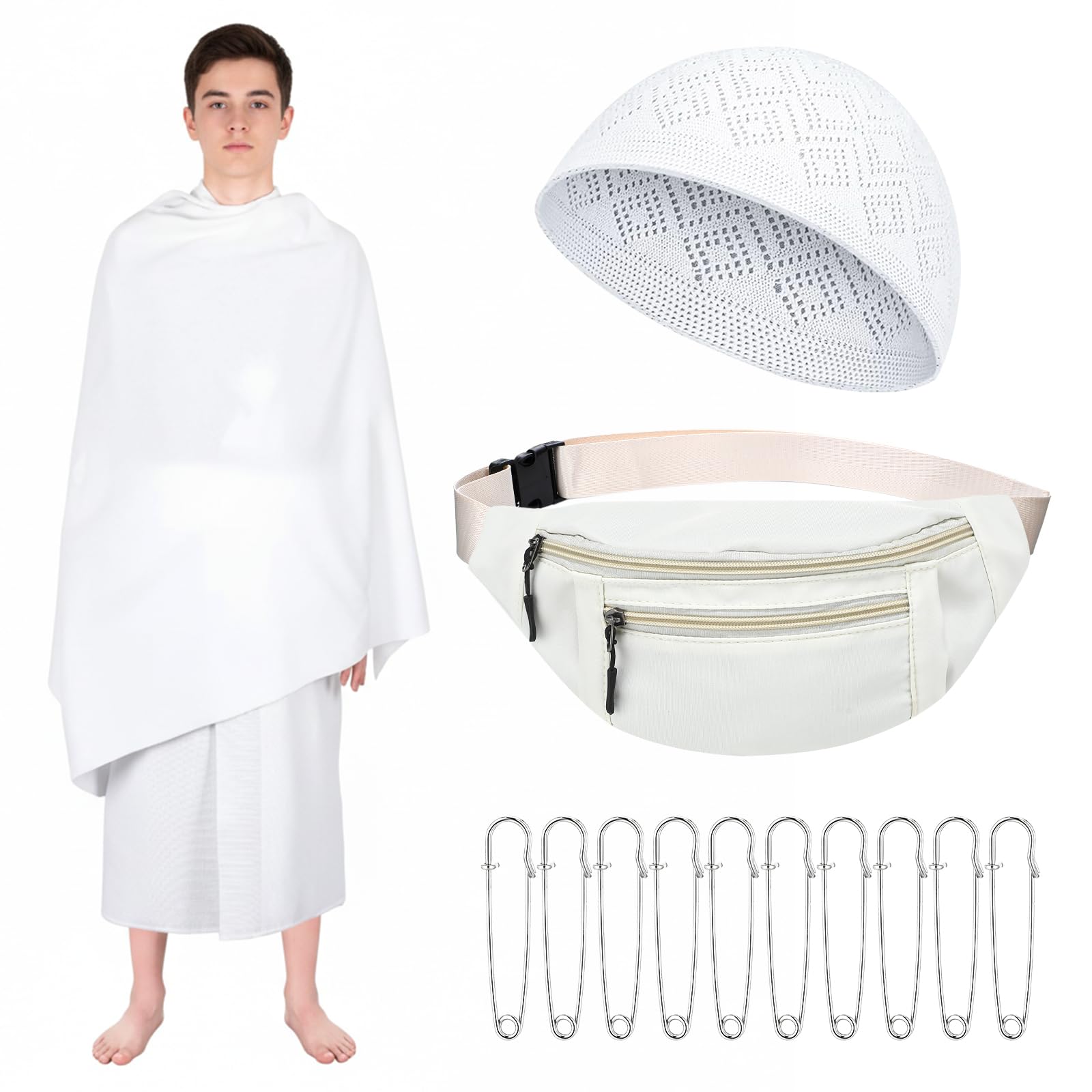 Suhine 14 Pcs Teen Mens Ihram Set for Hajj and Umrah Essentials, Islamic Ahram Ehram Towel Waist Belt Kufi Hat and 10 Pins(Teen