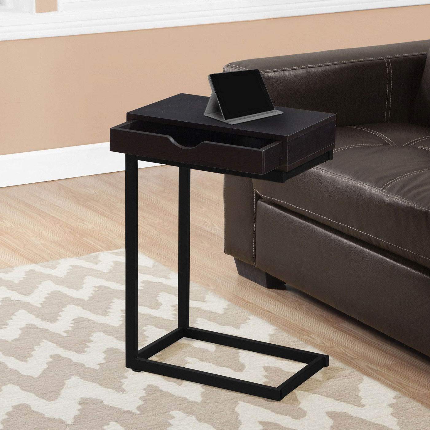 Monarch Specialties C Accent Table with Drawer-Black Metal Base, Cappuccino