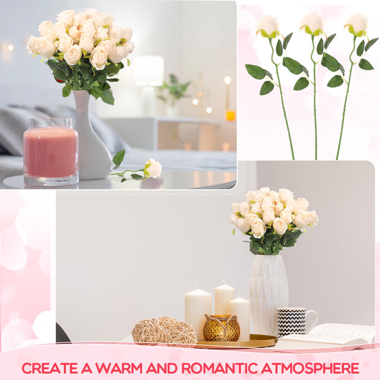 Jexine 50 Pcs Artificial Rose Flower Realistic Silk Roses With Stem Bouquet Of Flower Plastic Flower Real Looking Fake Rose For