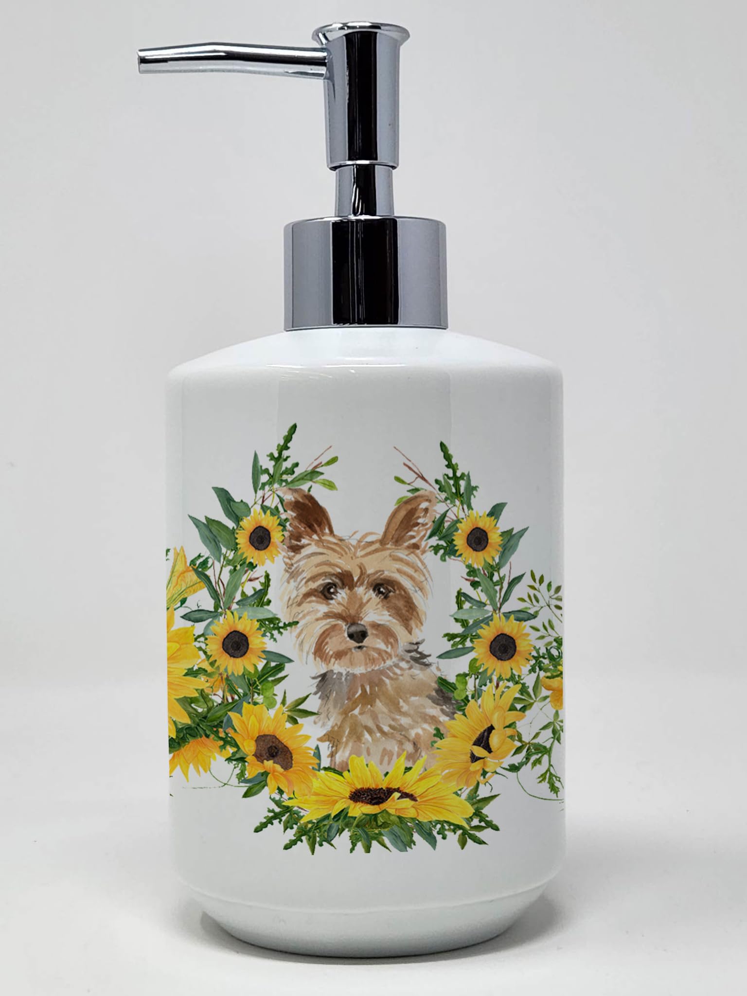 Caroline's Treasures CK2953SOAP Yorkie in Sunflowers Ceramic Soap Dispenser Hand Soap Dispenser Pump Bottles for Bathroom Kitche