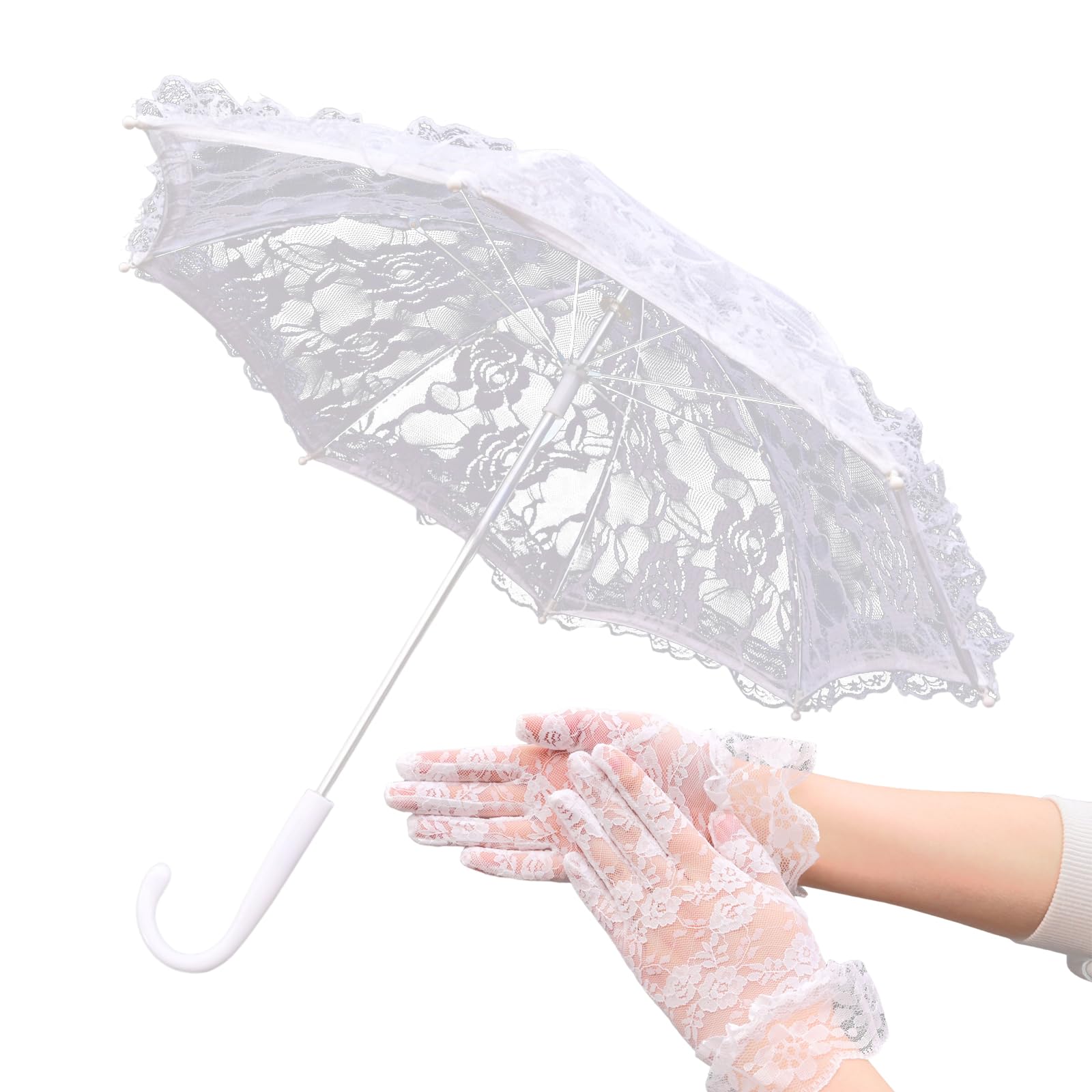 Solnique Mini White Lace Parasol with Floral Gloves, 19.6 * 16 Inch Vintage Lace Umbrella for Wedding Decor, Tea Party & Photogr